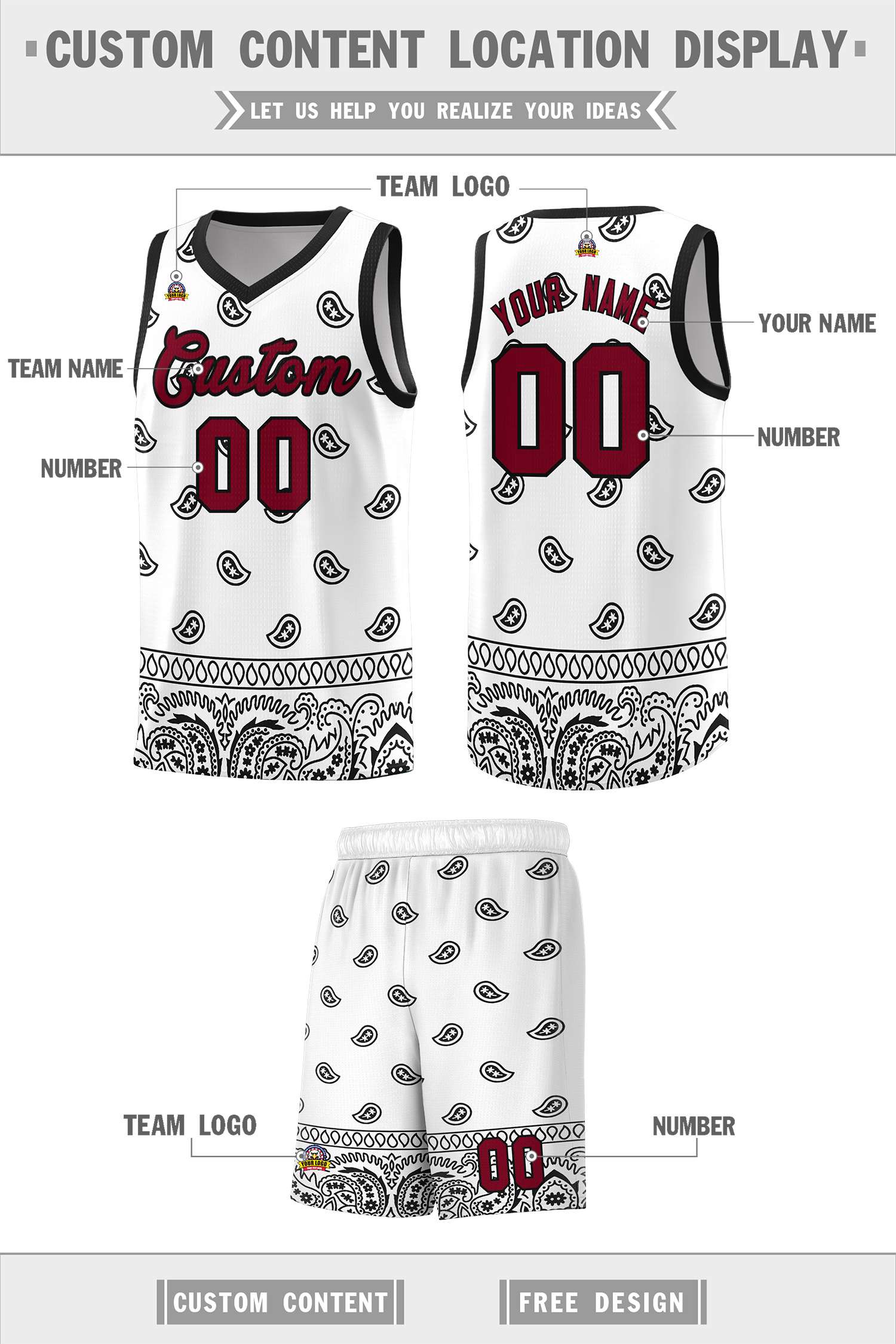 Custom White Black Personalized Cashew Pattern Sports Uniform Basketball Jersey