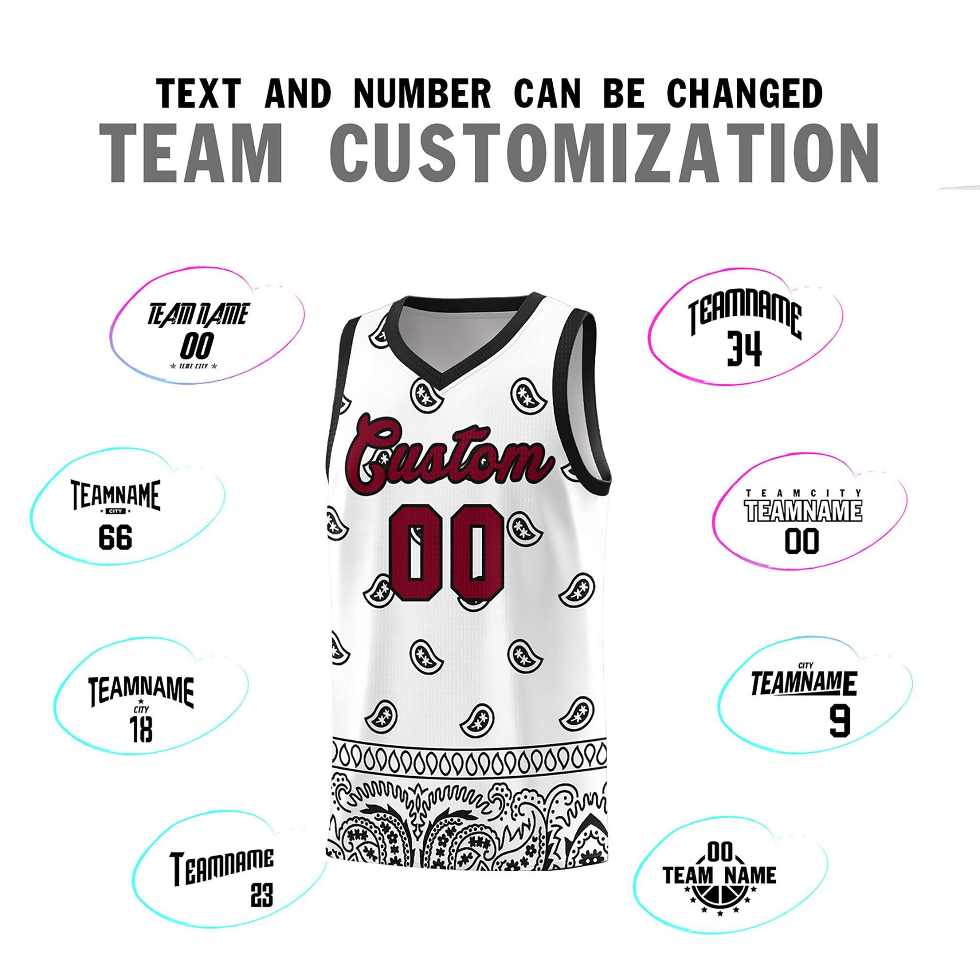 Custom White Black Personalized Cashew Pattern Sports Uniform Basketball Jersey