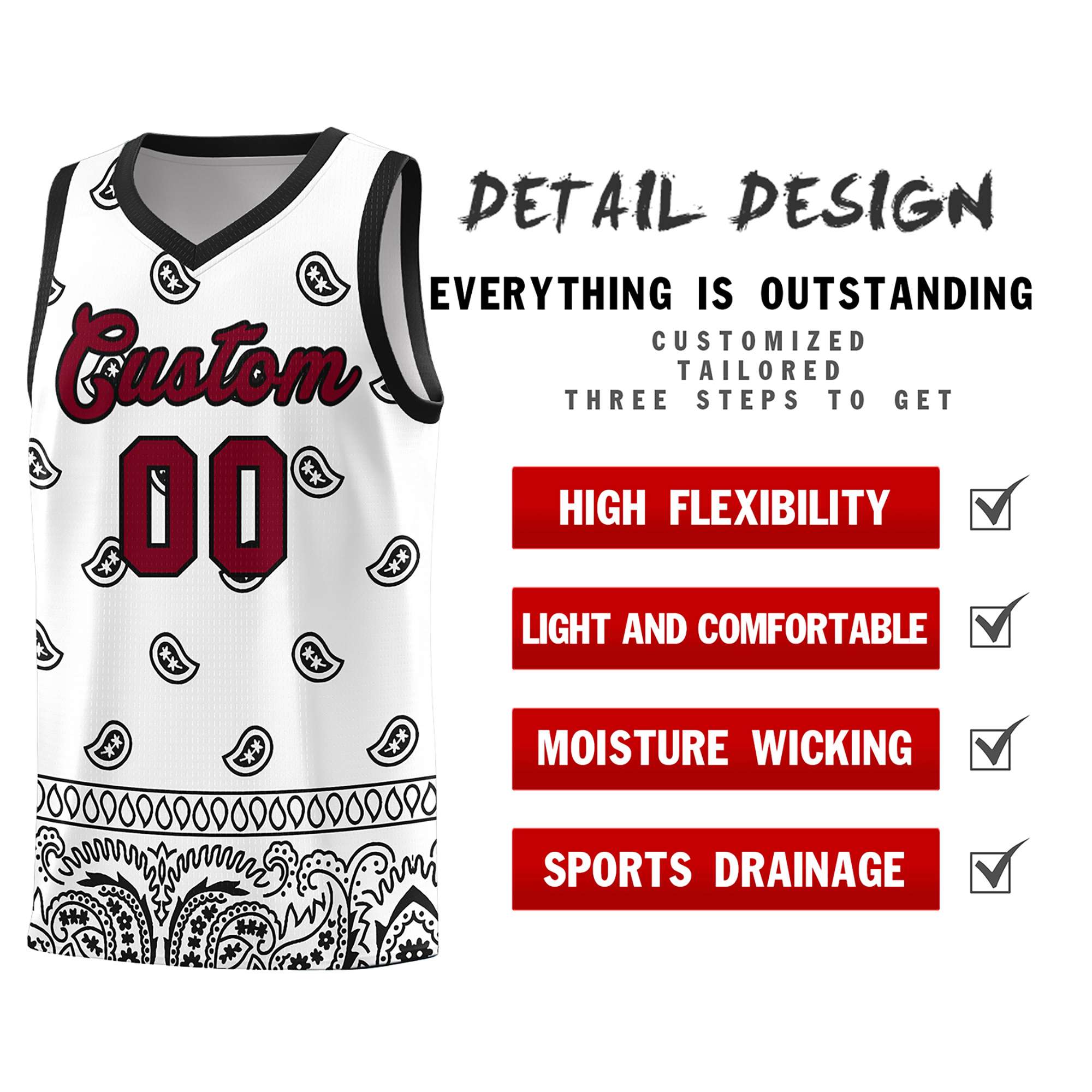 Custom White Black Personalized Cashew Pattern Sports Uniform Basketball Jersey