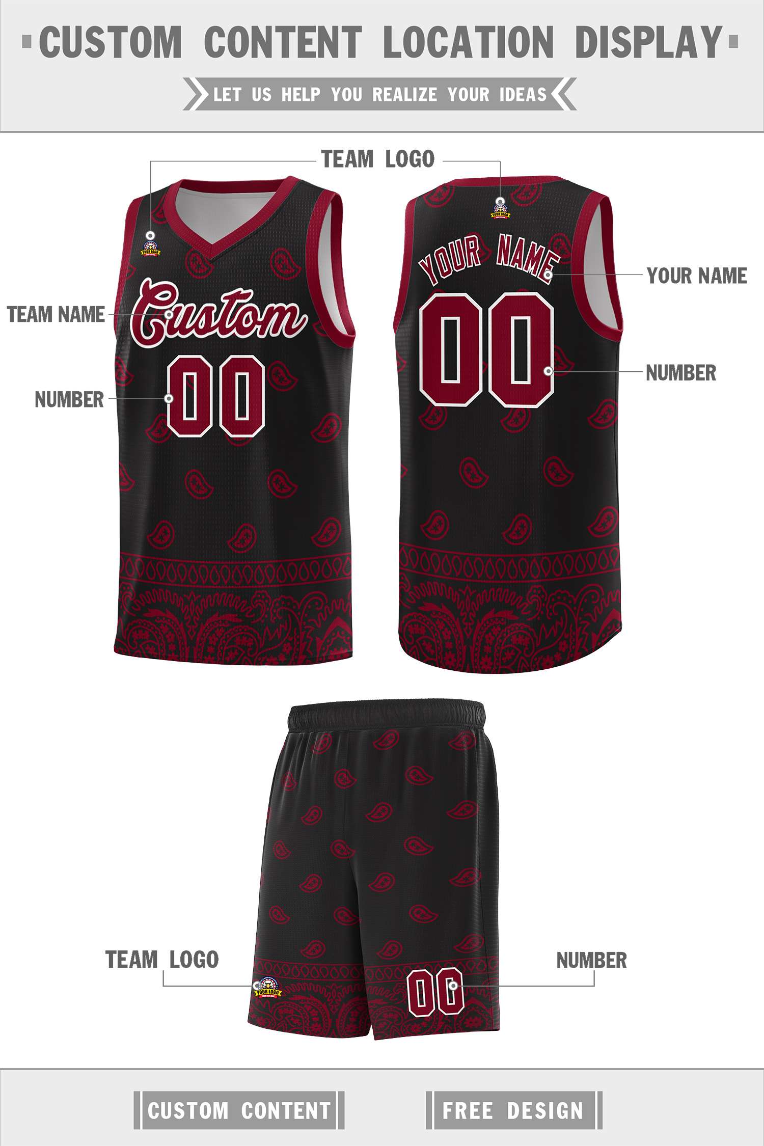 Custom Black Crimson Personalized Cashew Pattern Sports Uniform Basketball Jersey