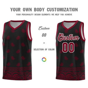 Custom Black Crimson Personalized Cashew Pattern Sports Uniform Basketball Jersey