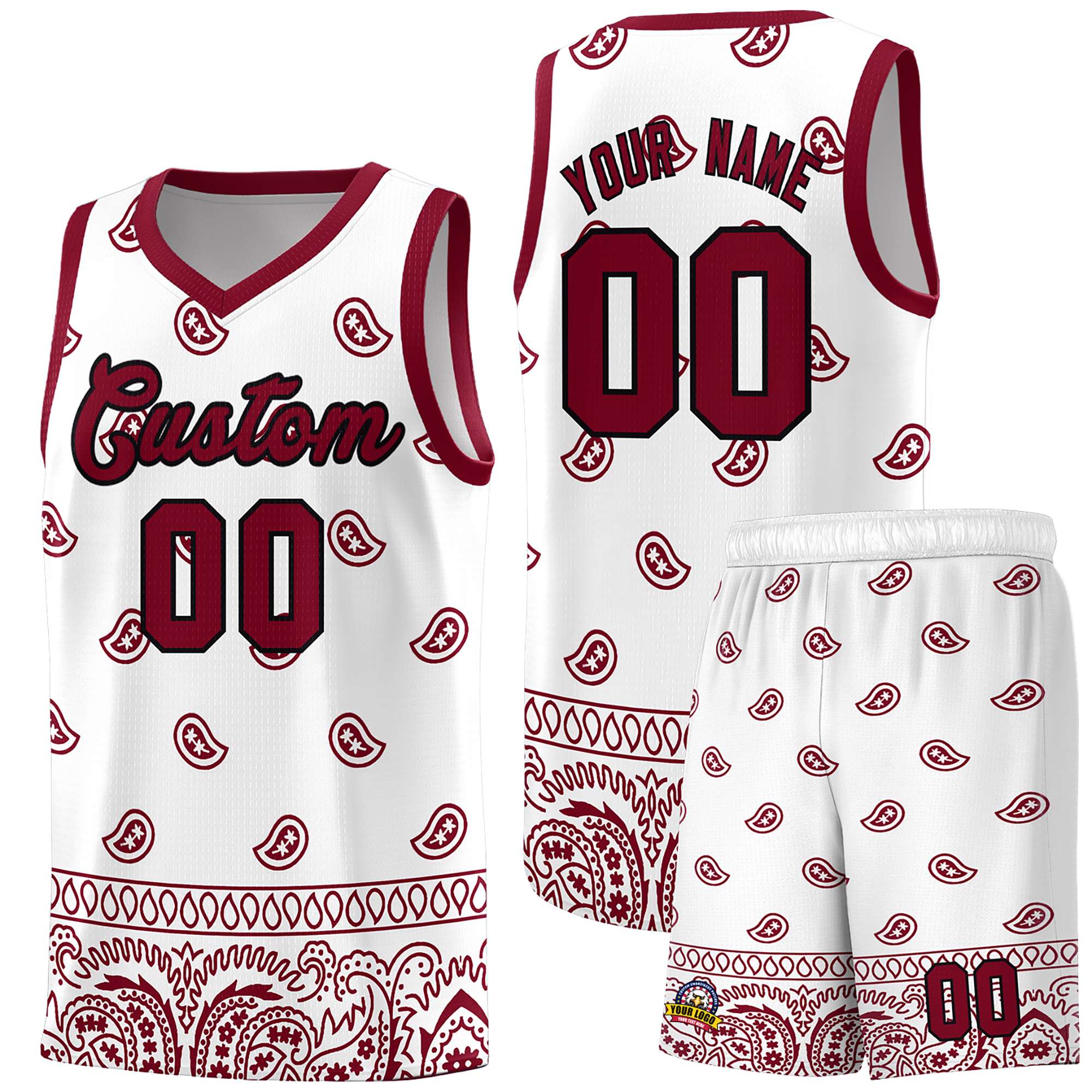 Custom White Crimson Personalized Cashew Pattern Sports Uniform Basketball Jersey