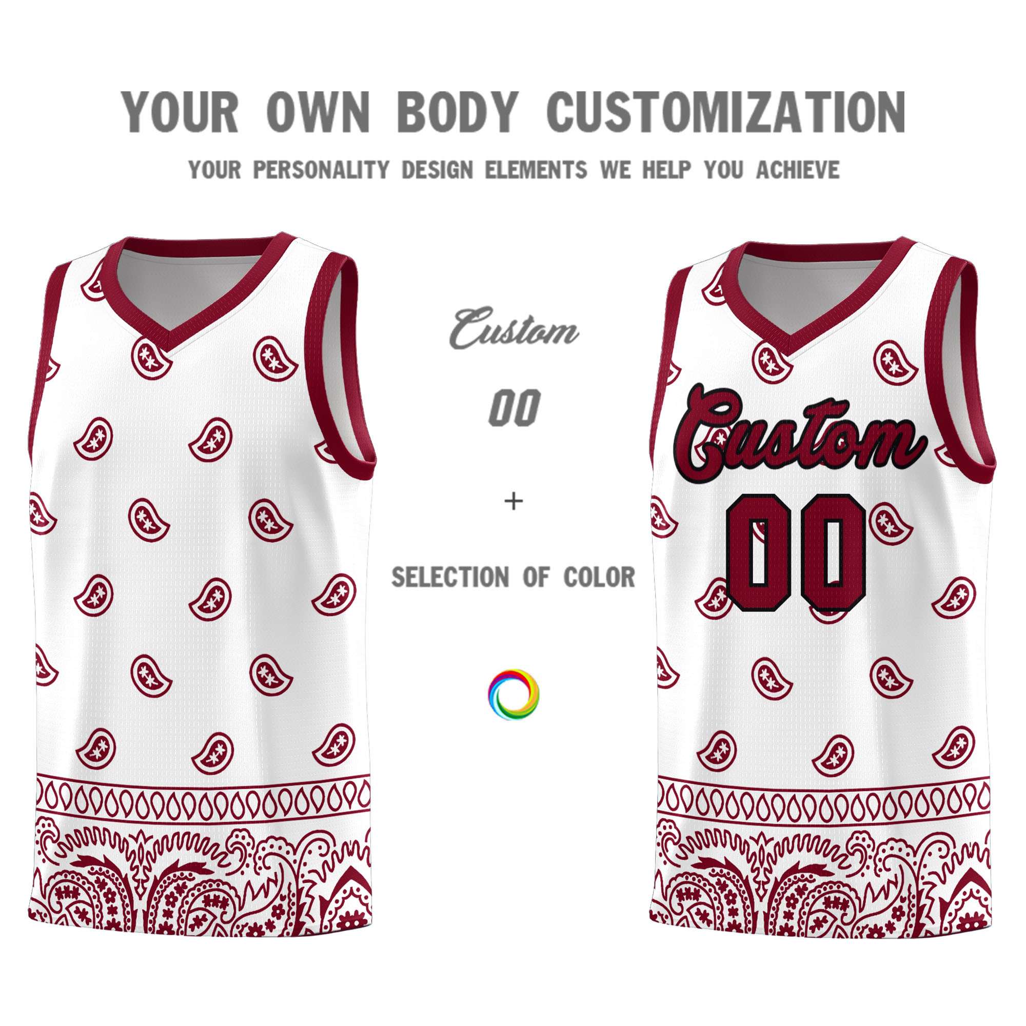 Custom White Crimson Personalized Cashew Pattern Sports Uniform Basketball Jersey