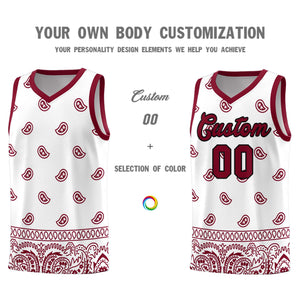 Custom White Crimson Personalized Cashew Pattern Sports Uniform Basketball Jersey