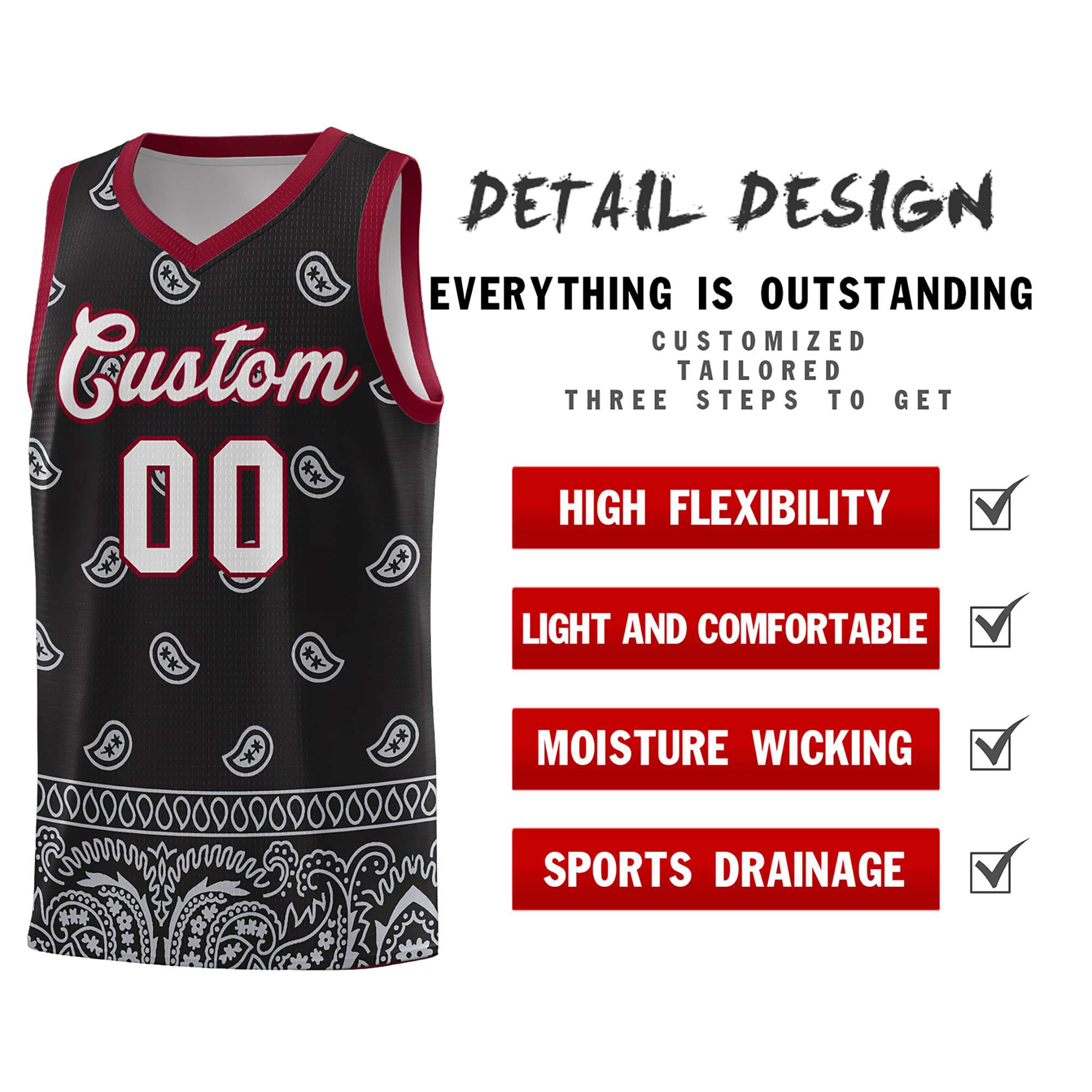 Custom Black Gray Personalized Cashew Pattern Sports Uniform Basketball Jersey