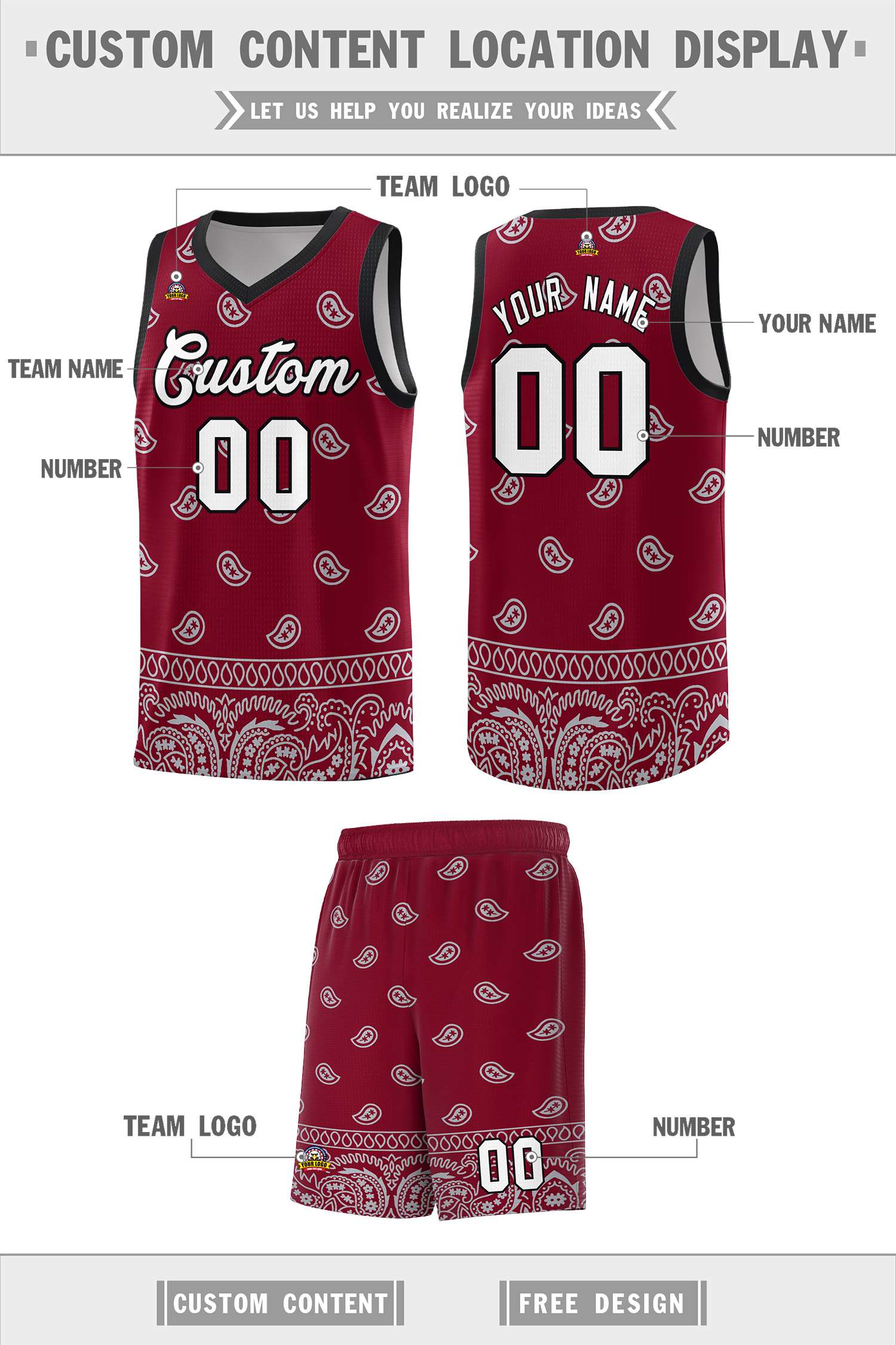 Custom Crimson Gray Personalized Cashew Pattern Sports Uniform Basketball Jersey