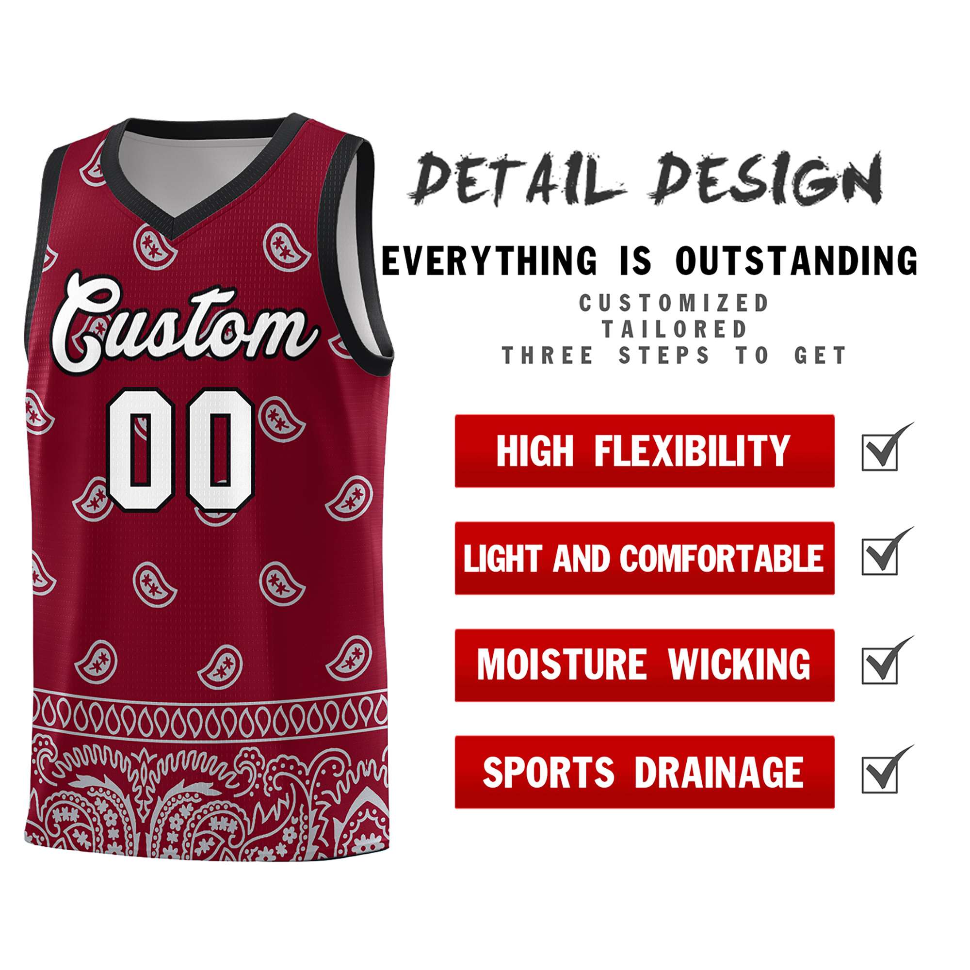 Custom Crimson Gray Personalized Cashew Pattern Sports Uniform Basketball Jersey