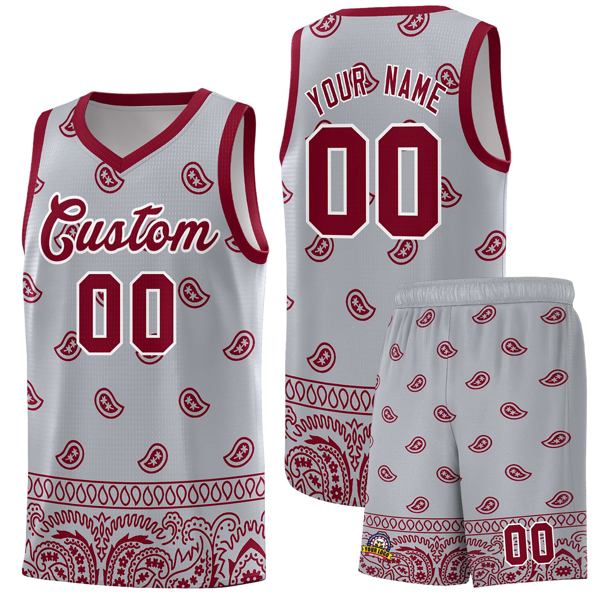 Custom Gray Crimson Personalized Cashew Pattern Sports Uniform Basketball Jersey