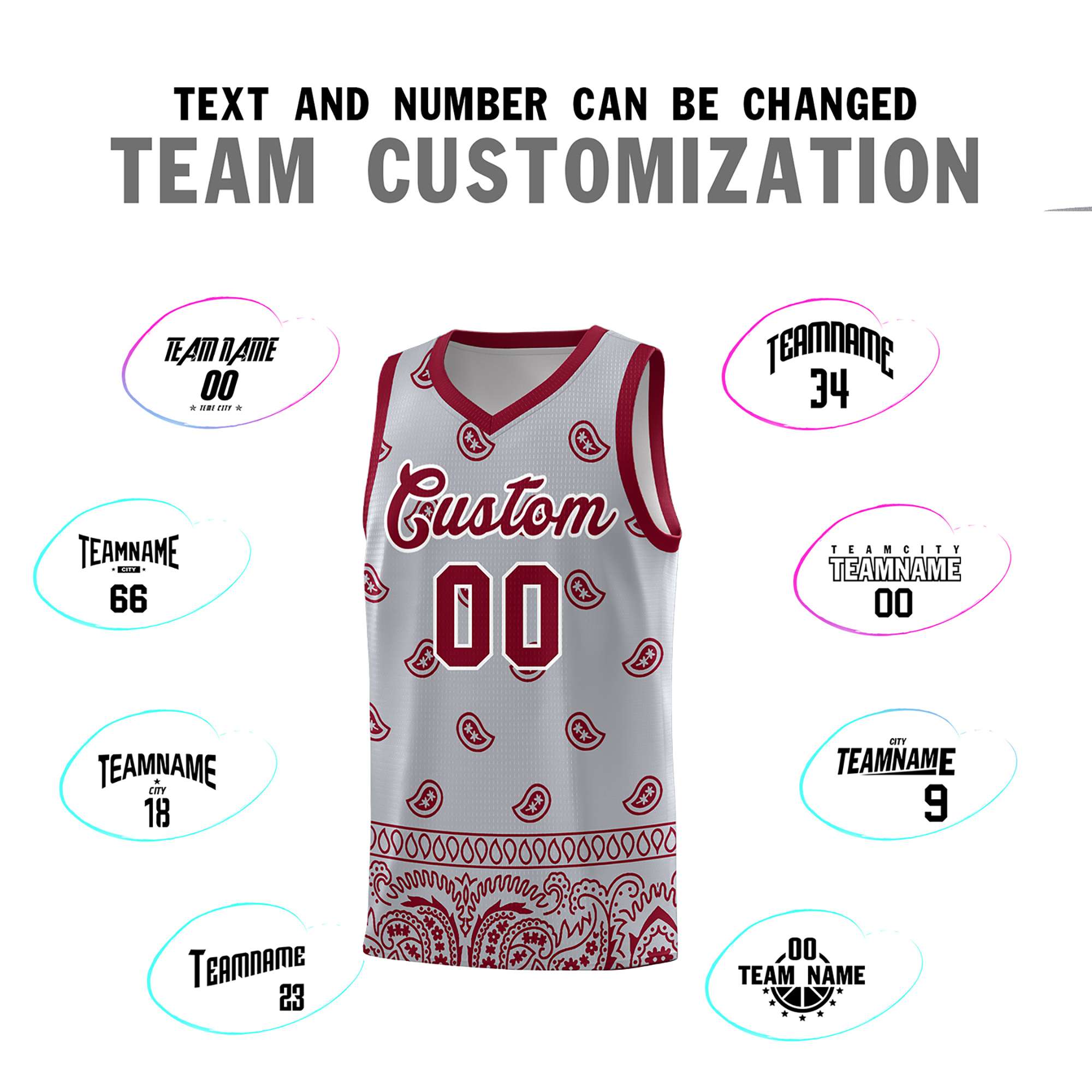 Custom Gray Crimson Personalized Cashew Pattern Sports Uniform Basketball Jersey