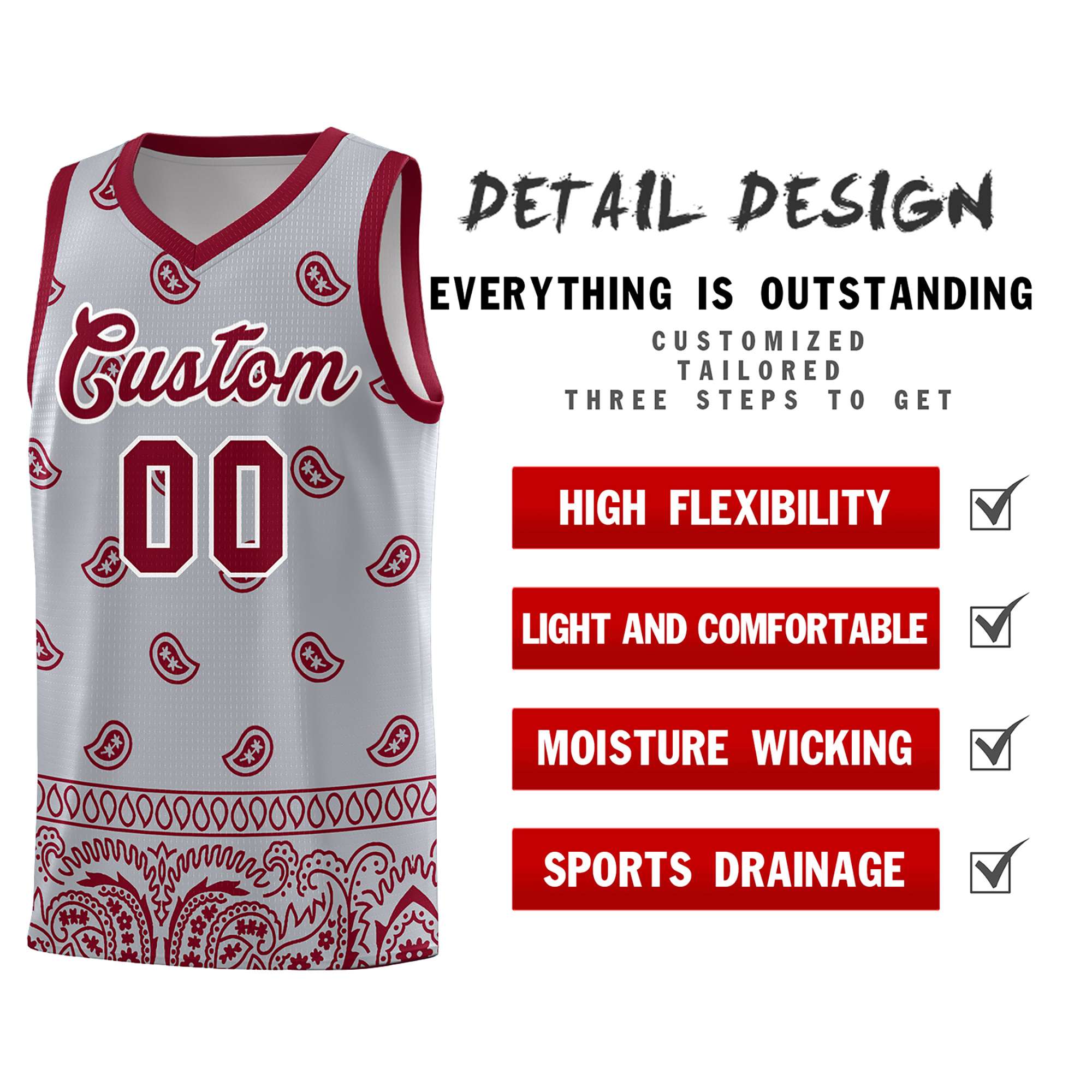 Custom Gray Crimson Personalized Cashew Pattern Sports Uniform Basketball Jersey