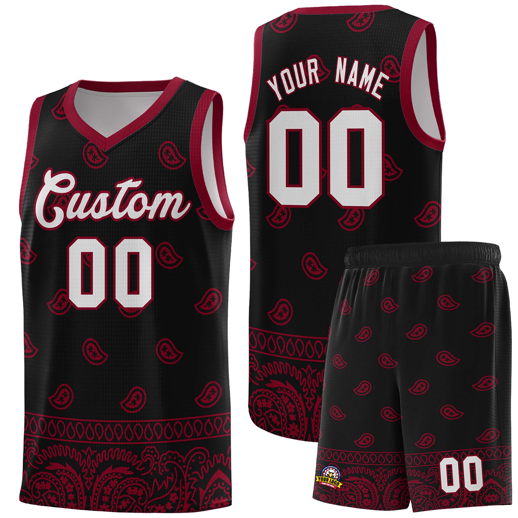 Custom Black Crimson Personalized Cashew Pattern Sports Uniform Basketball Jersey