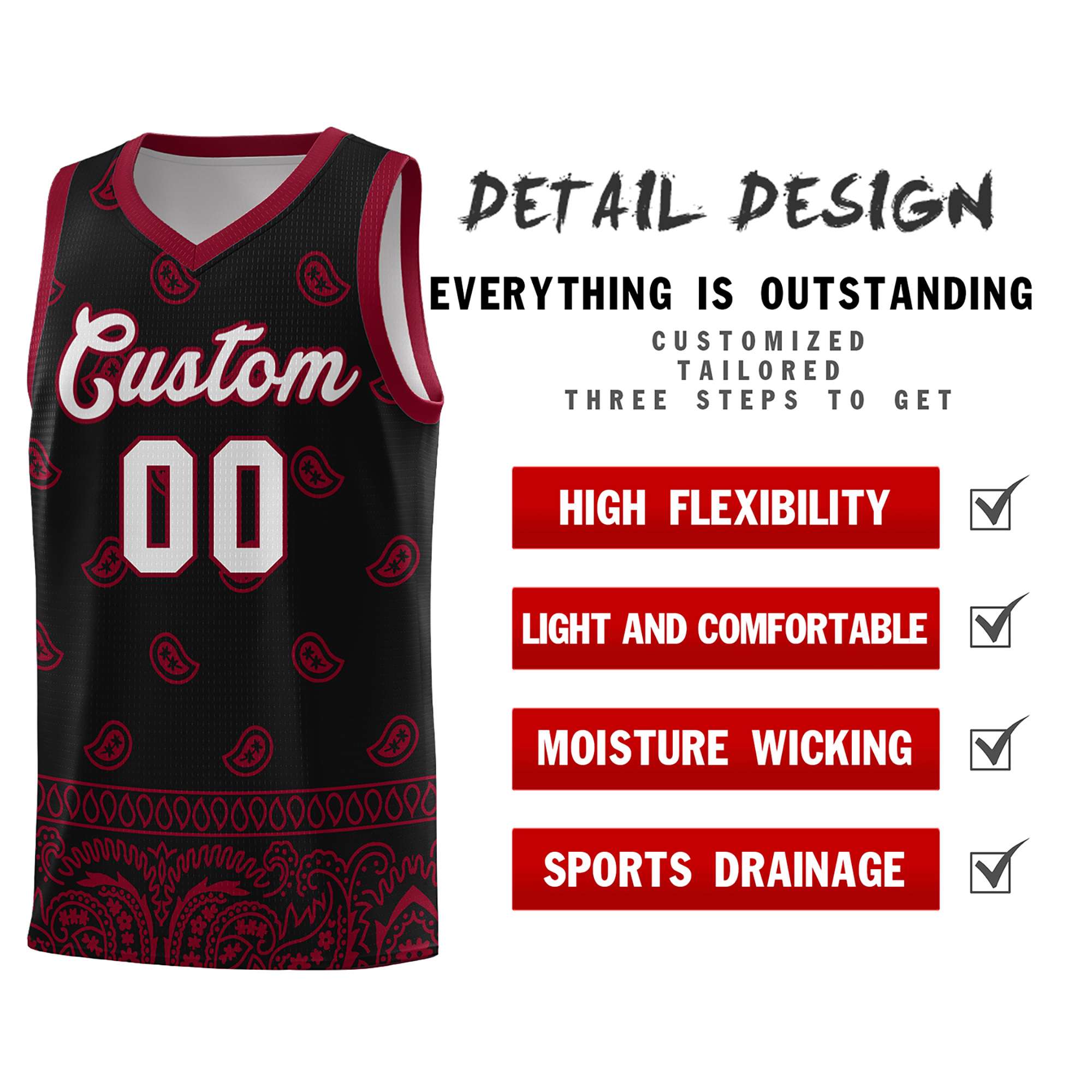 Custom Black Crimson Personalized Cashew Pattern Sports Uniform Basketball Jersey