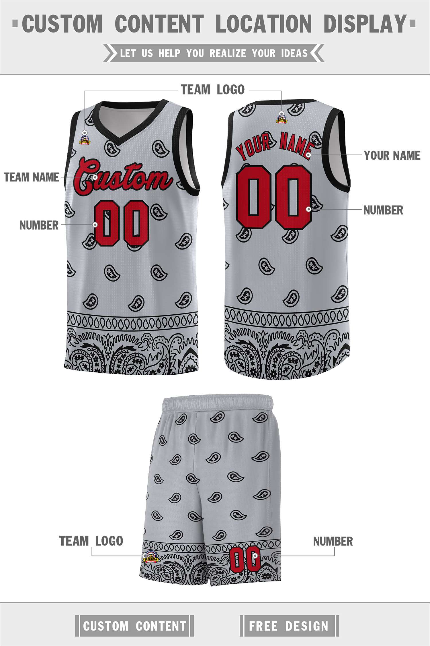 Custom Gray Black Personalized Cashew Pattern Sports Uniform Basketball Jersey