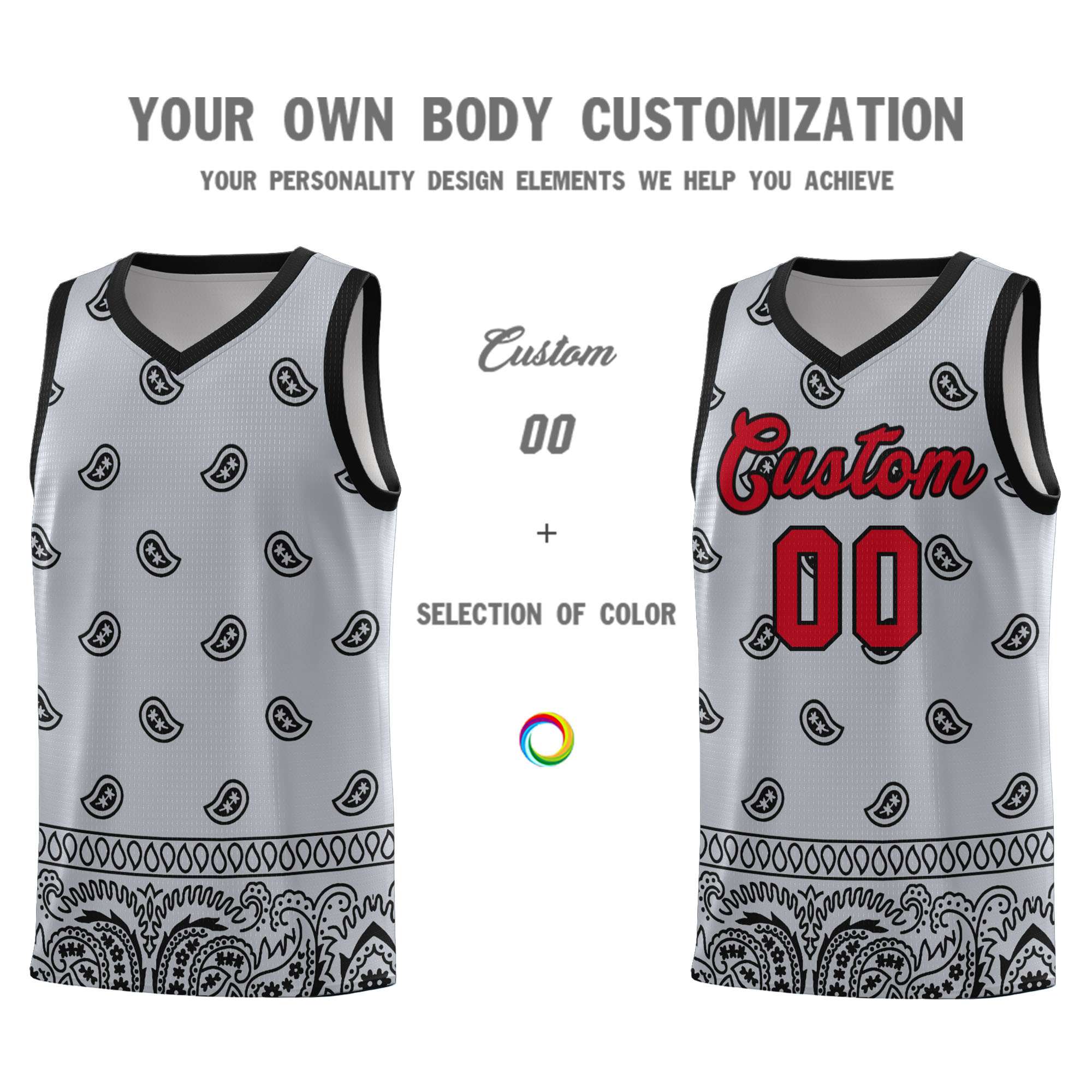 Custom Gray Black Personalized Cashew Pattern Sports Uniform Basketball Jersey