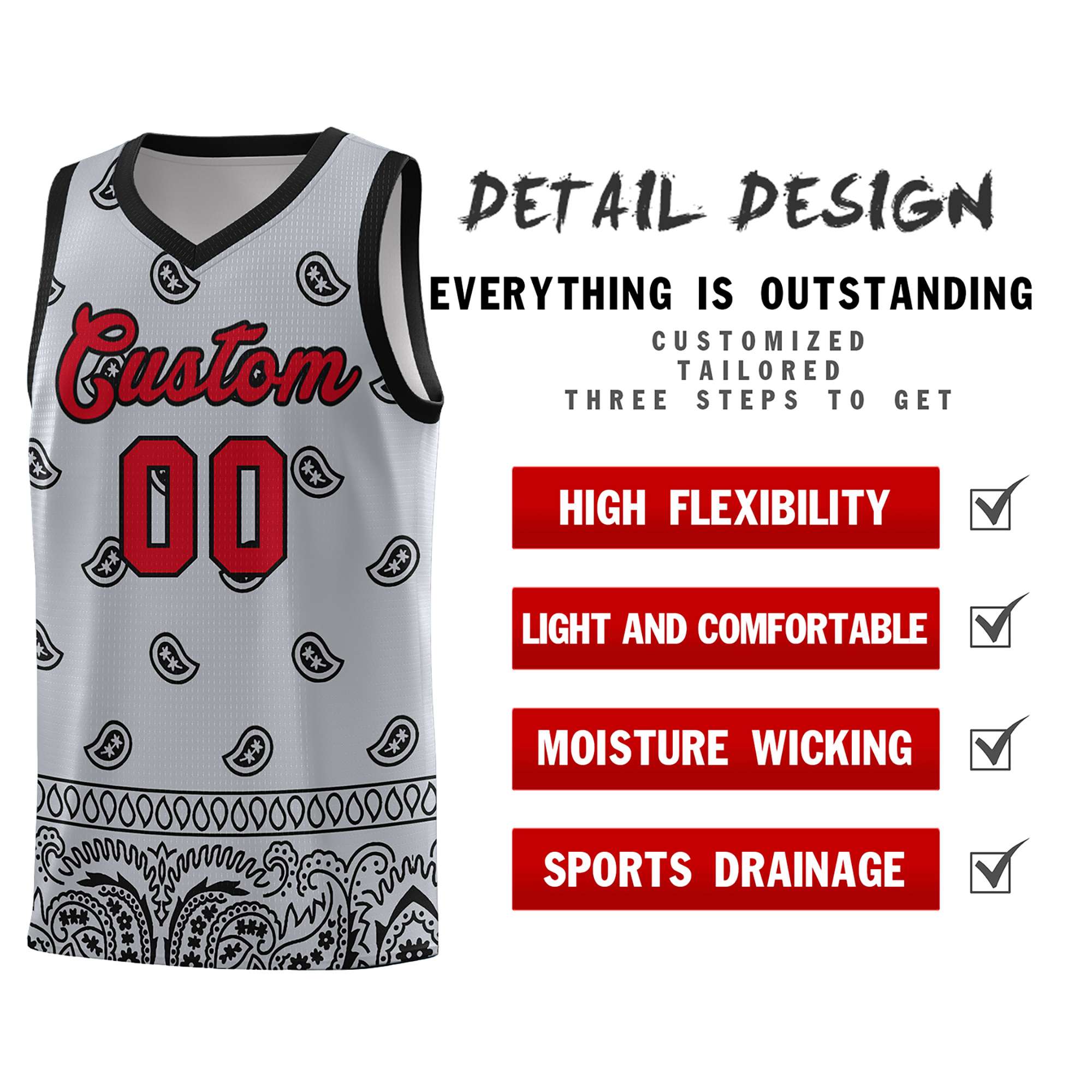 Custom Gray Black Personalized Cashew Pattern Sports Uniform Basketball Jersey