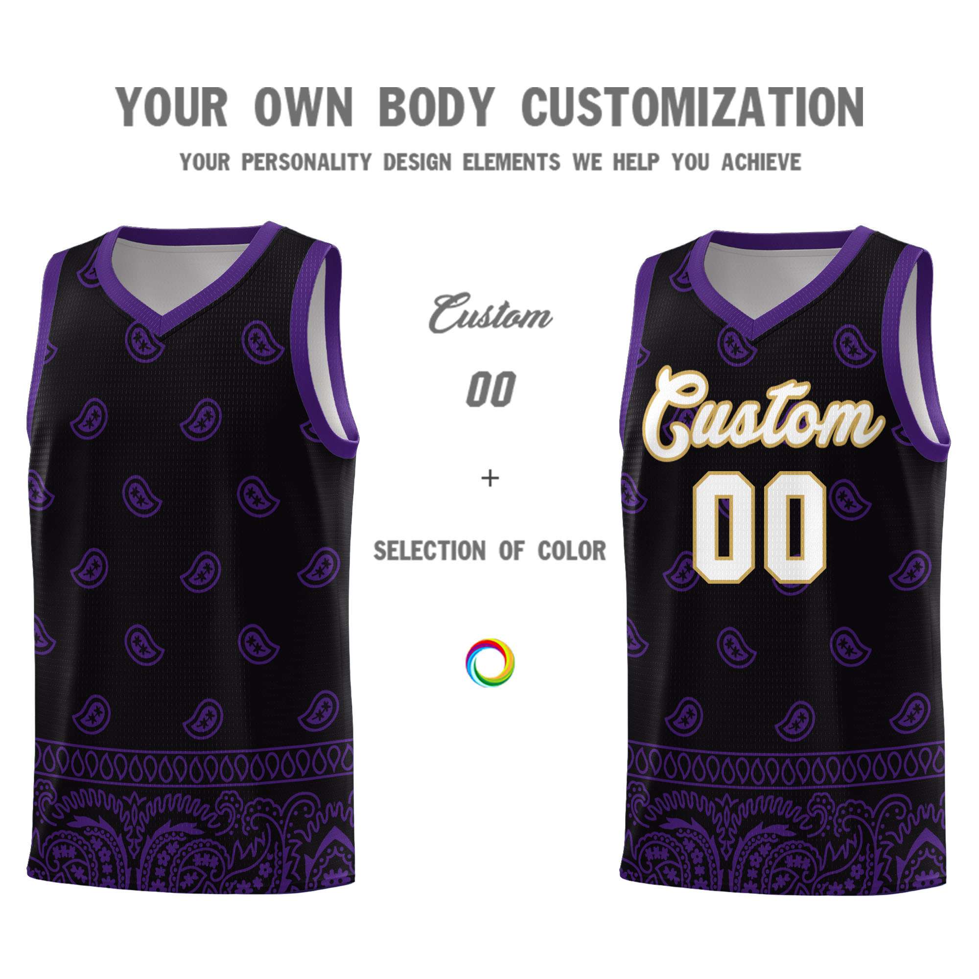 Custom Black Purple Personalized Cashew Pattern Sports Uniform Basketball Jersey