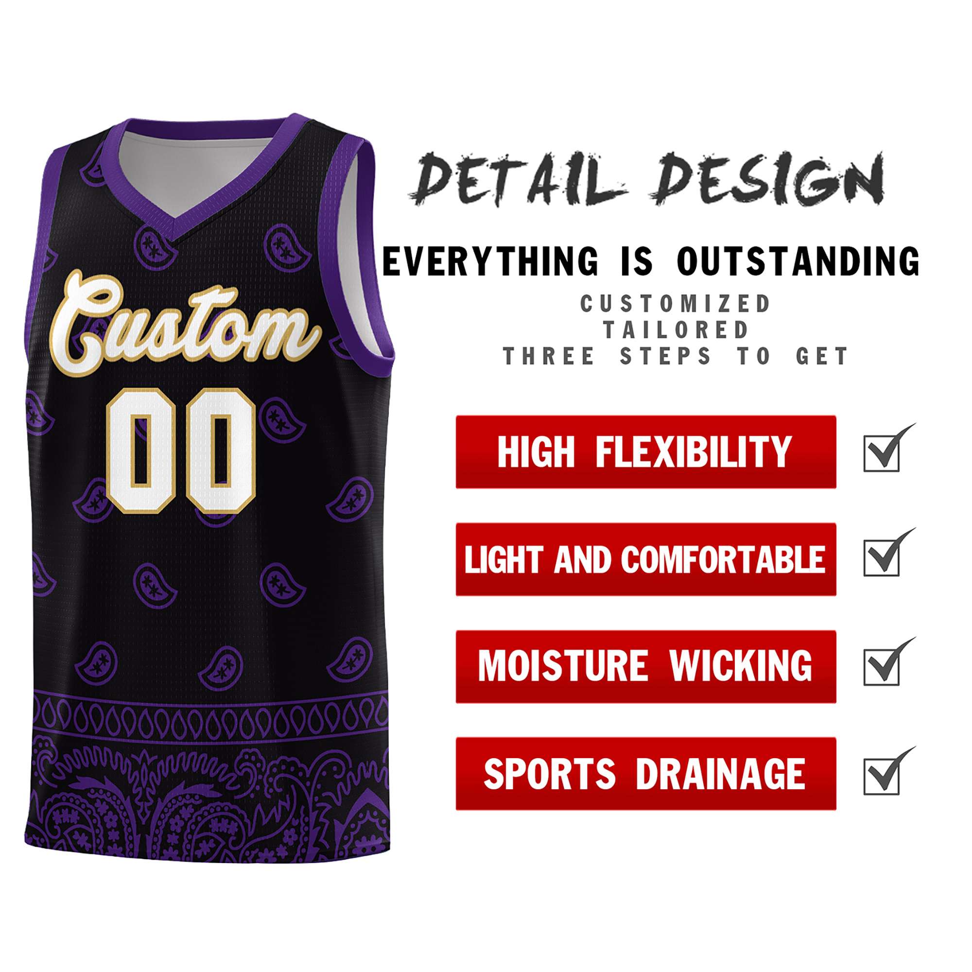 Custom Black Purple Personalized Cashew Pattern Sports Uniform Basketball Jersey