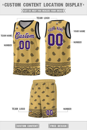 Custom Old Gold Black Personalized Cashew Pattern Sports Uniform Basketball Jersey