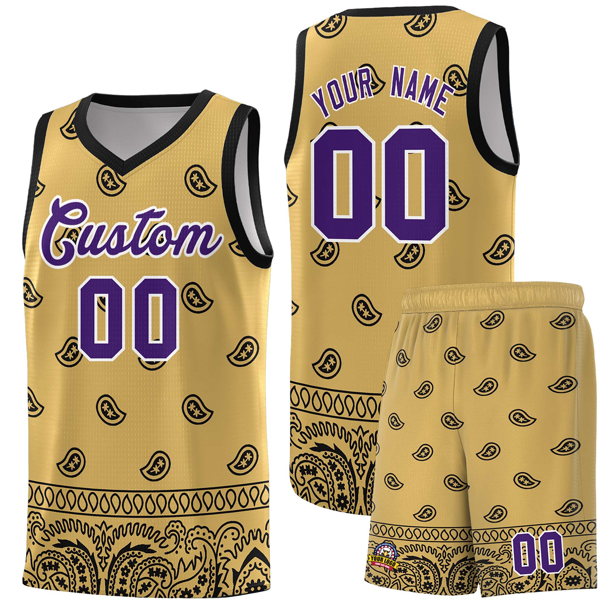 Custom Old Gold Black Personalized Cashew Pattern Sports Uniform Basketball Jersey