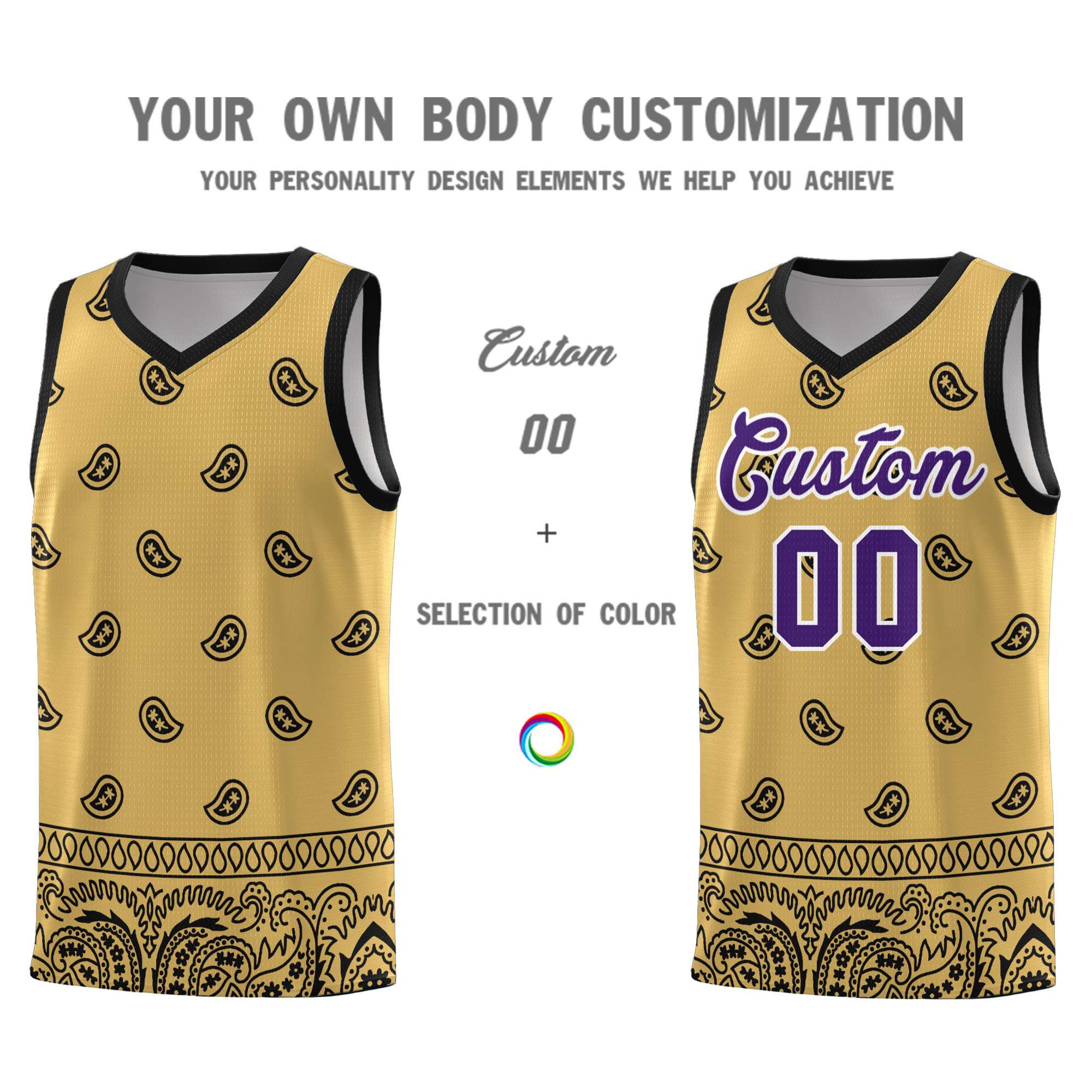 Custom Old Gold Black Personalized Cashew Pattern Sports Uniform Basketball Jersey