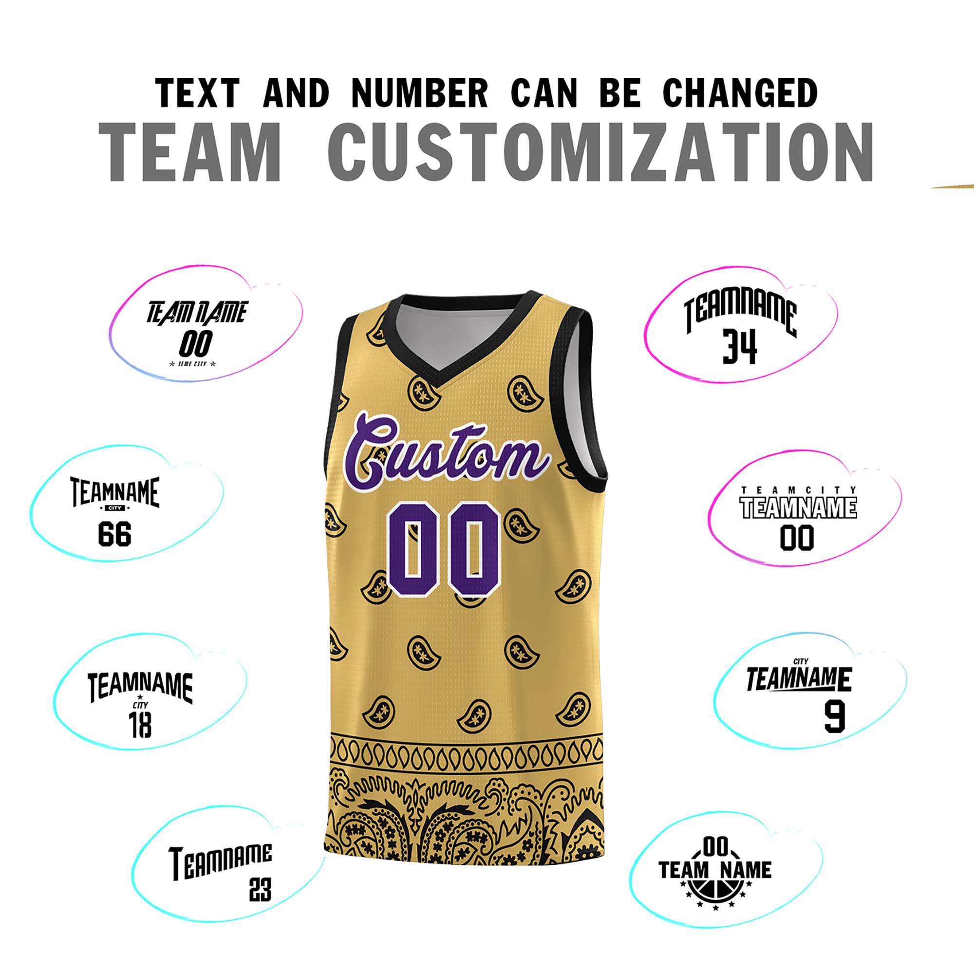 Custom Old Gold Black Personalized Cashew Pattern Sports Uniform Basketball Jersey