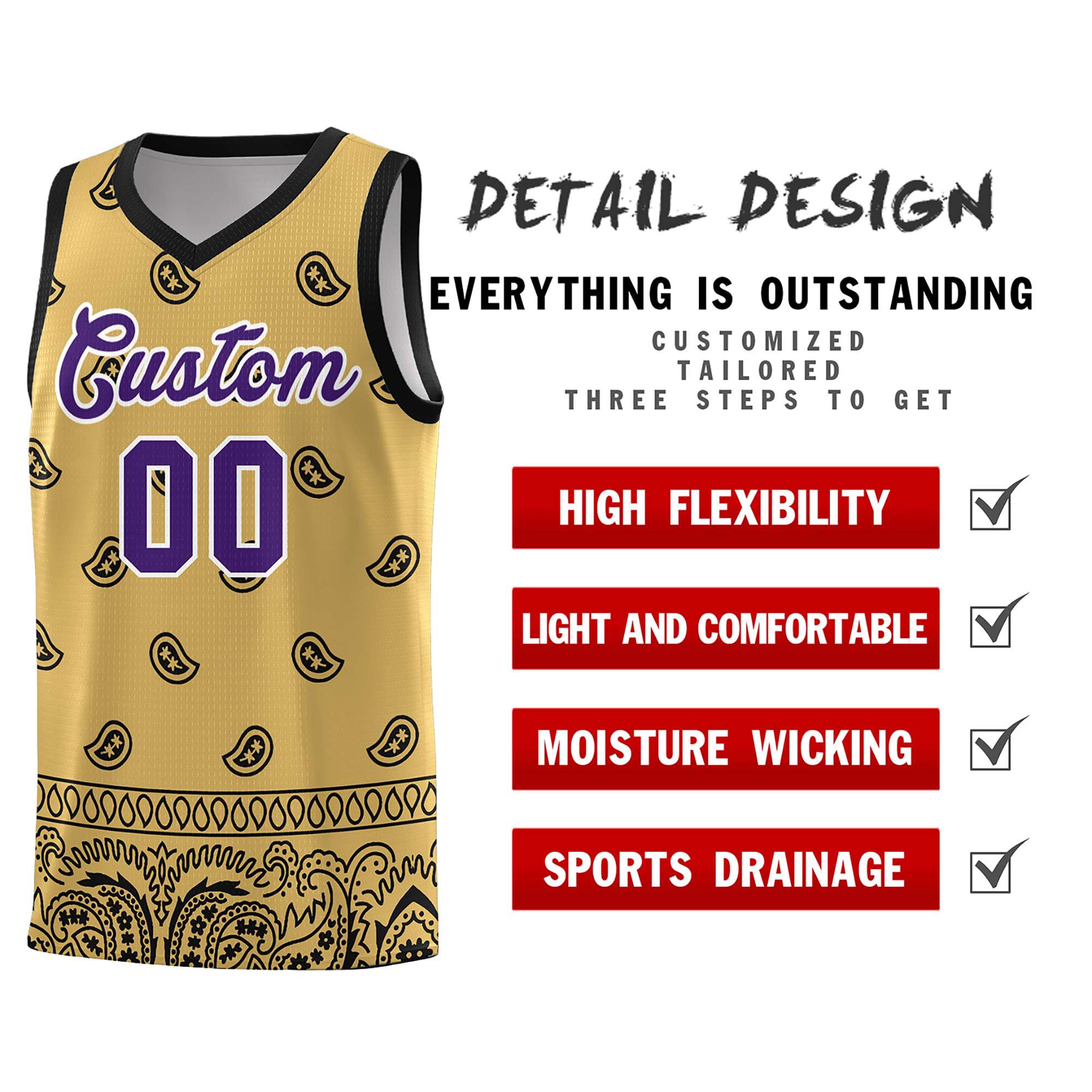 Custom Old Gold Black Personalized Cashew Pattern Sports Uniform Basketball Jersey