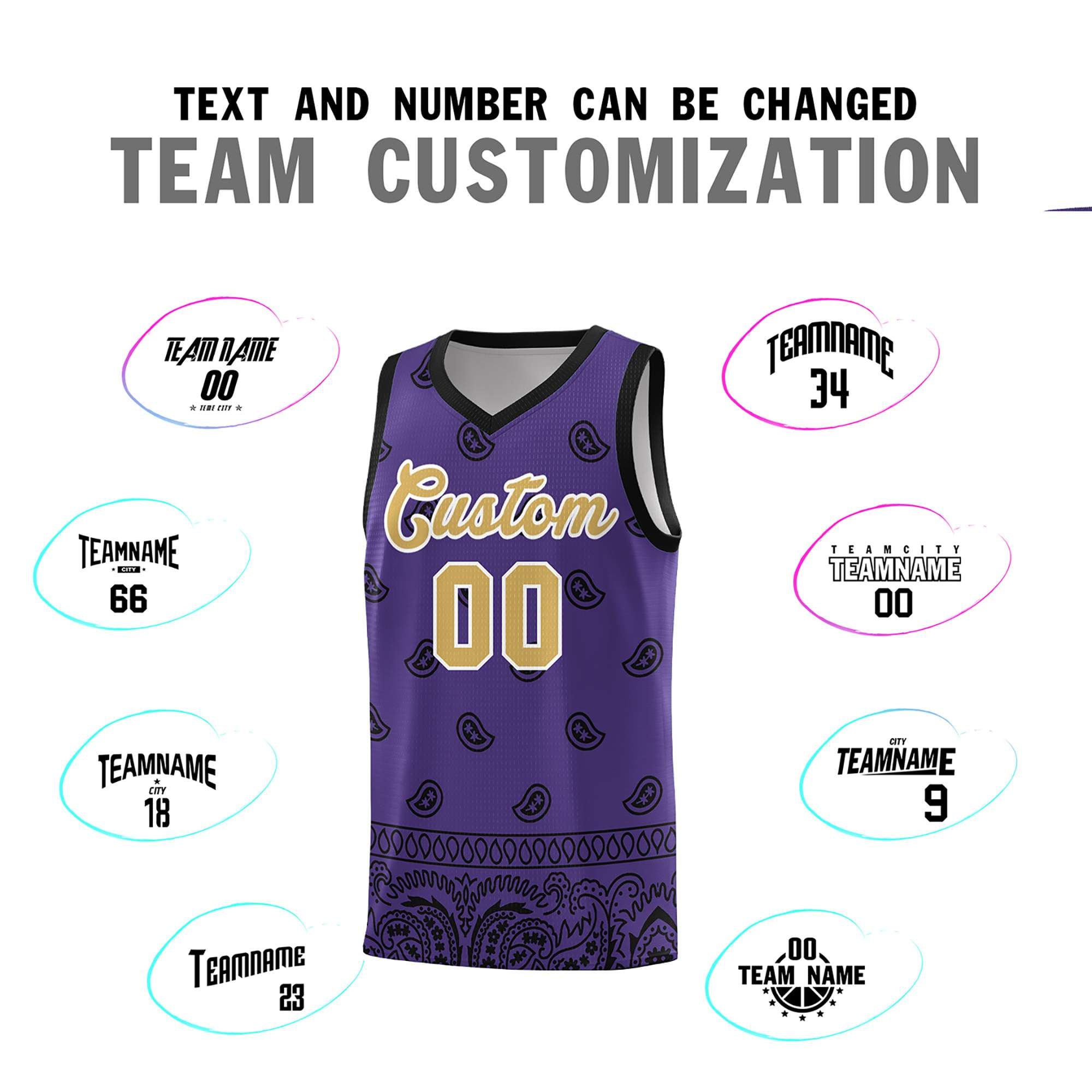 Custom Purple Black Personalized Cashew Pattern Sports Uniform Basketball Jersey