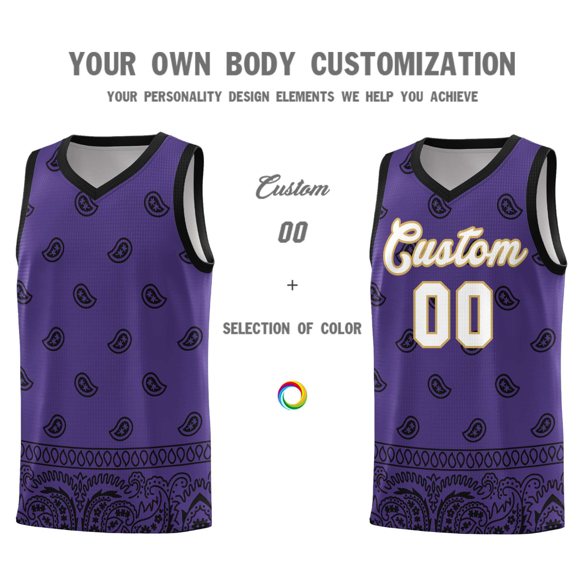 Custom Purple Black Personalized Cashew Pattern Sports Uniform Basketball Jersey