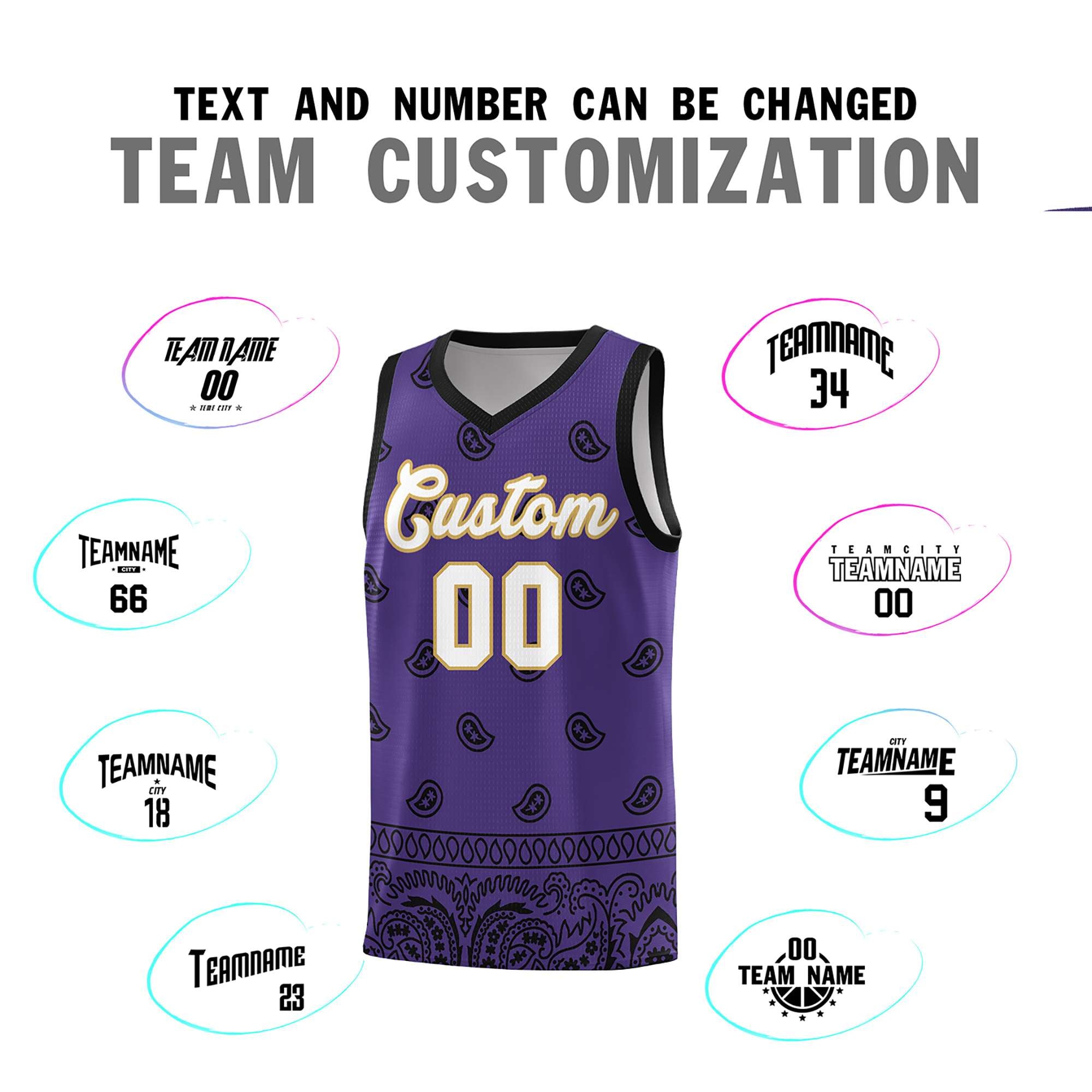 Custom Purple Black Personalized Cashew Pattern Sports Uniform Basketball Jersey