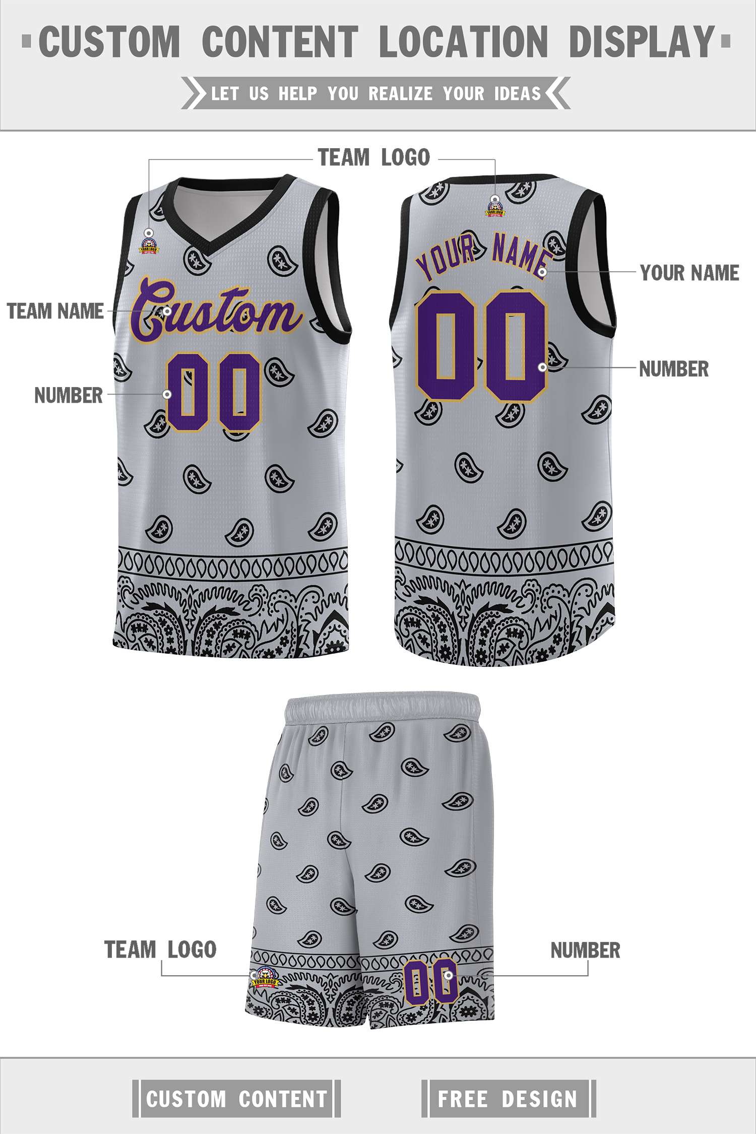 Custom Gray Black Personalized Cashew Pattern Sports Uniform Basketball Jersey