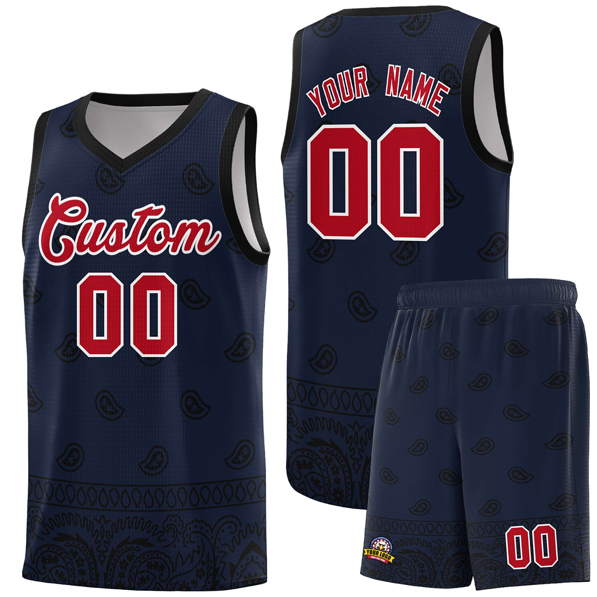 Custom Navy Black Personalized Cashew Pattern Sports Uniform Basketball Jersey