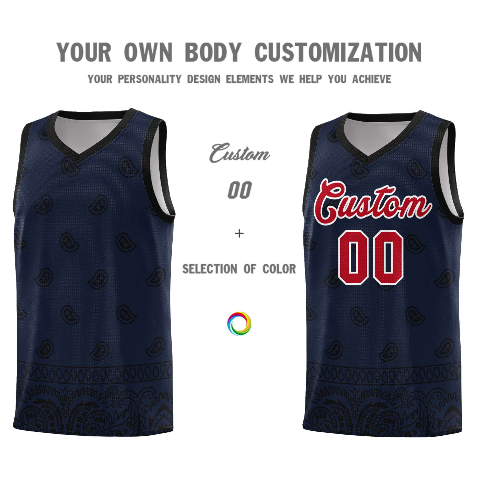 Custom Navy Black Personalized Cashew Pattern Sports Uniform Basketball Jersey