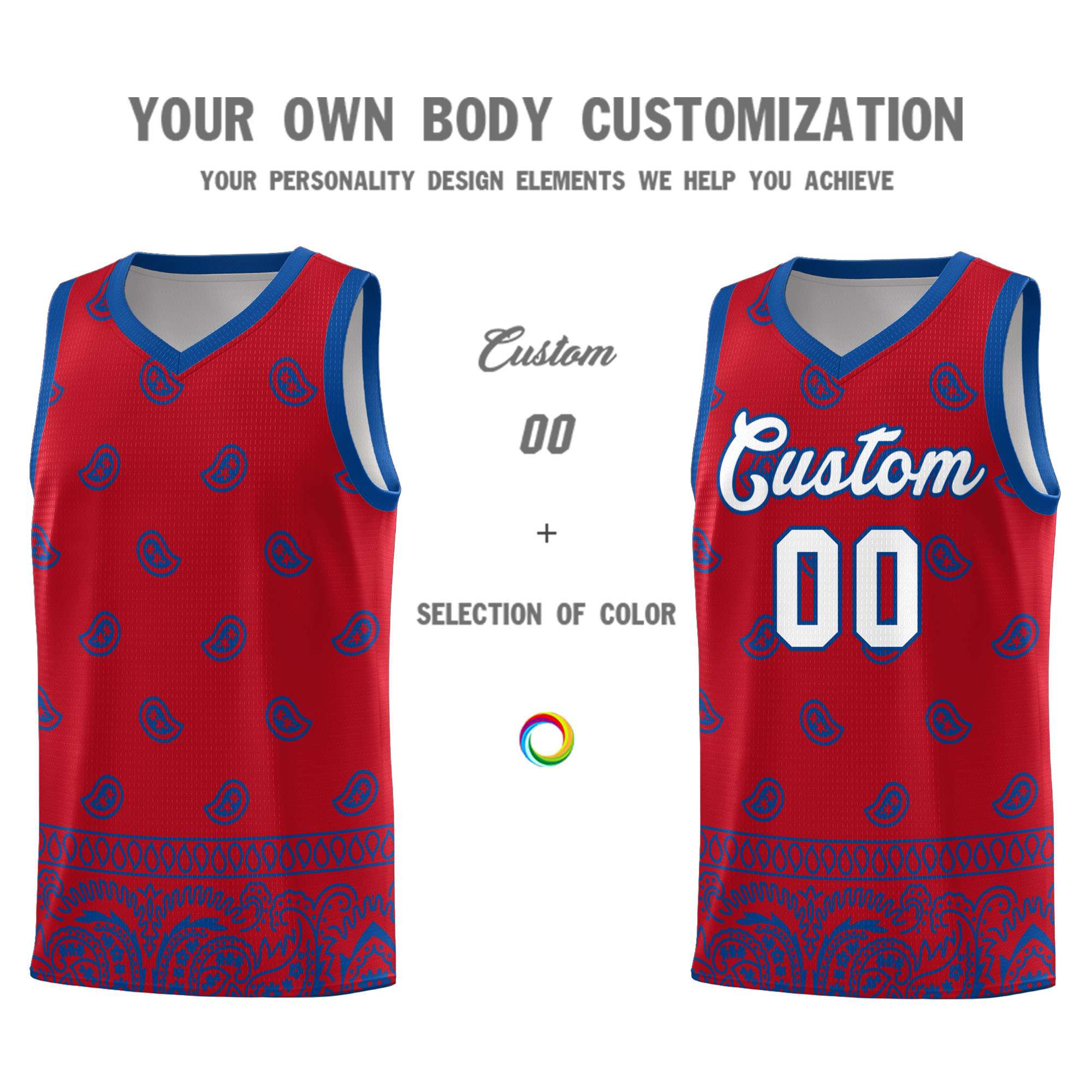 Custom Red Royal Personalized Cashew Pattern Sports Uniform Basketball Jersey