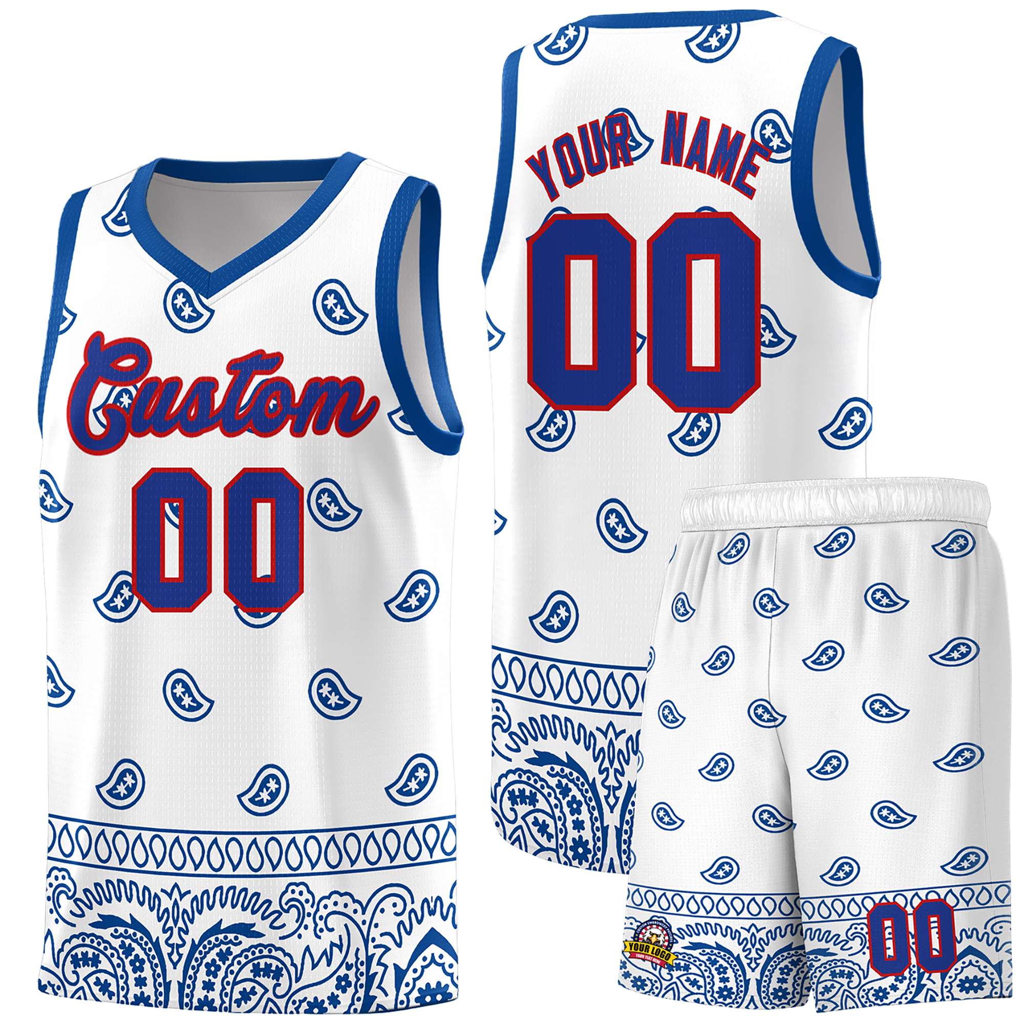 Custom White Royal Personalized Cashew Pattern Sports Uniform Basketball Jersey