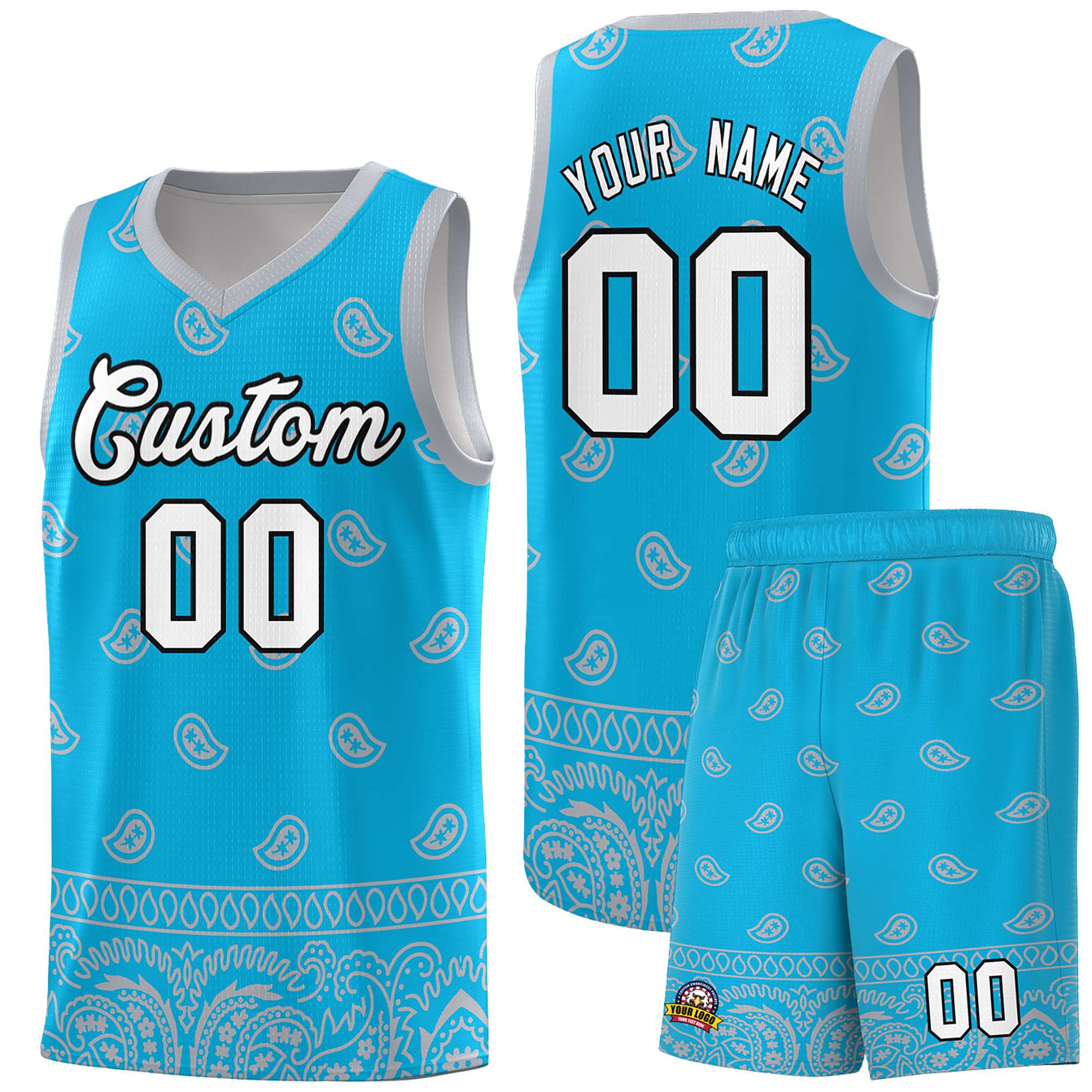 Custom Sky Blue Gray Personalized Cashew Pattern Sports Uniform Basketball Jersey