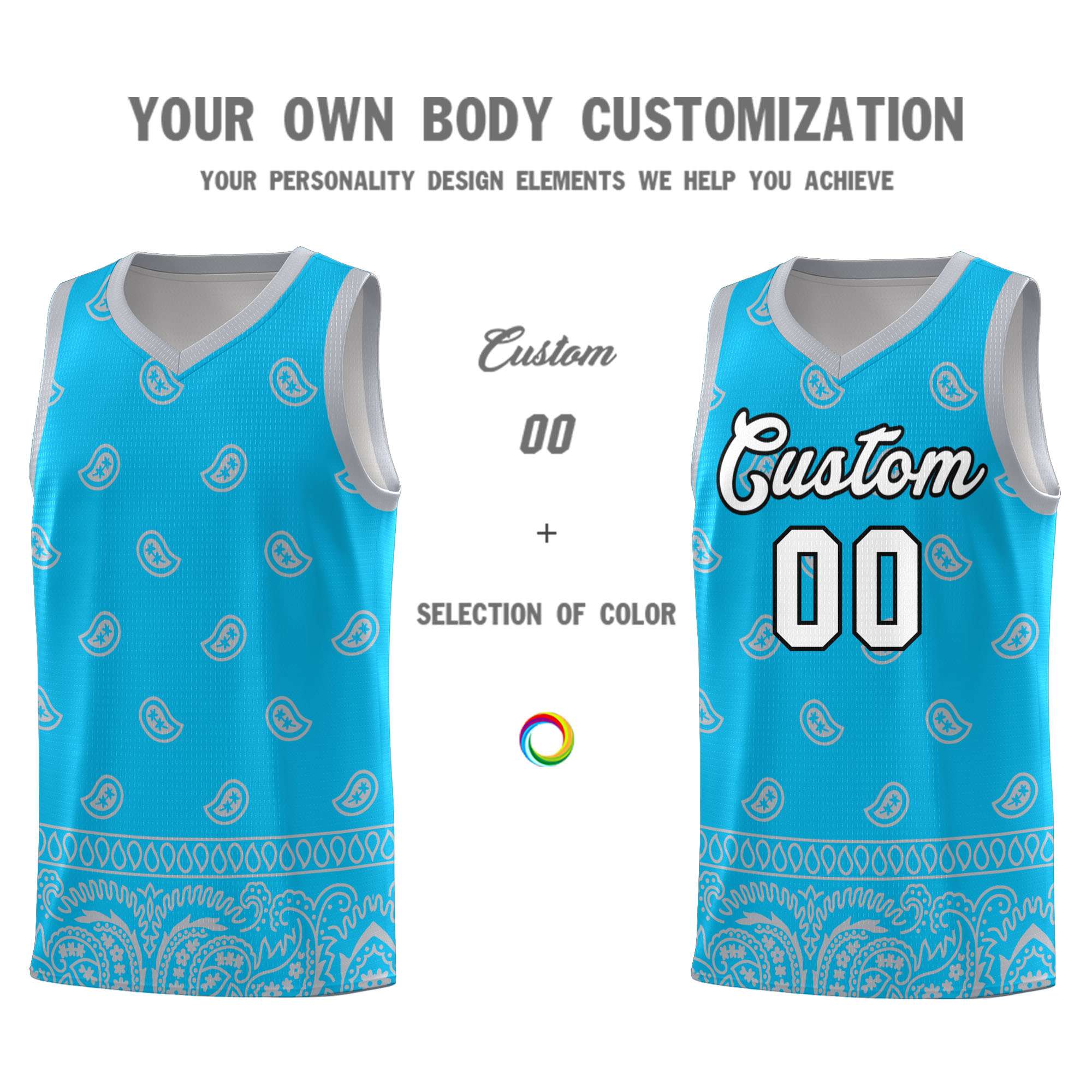 Custom Sky Blue Gray Personalized Cashew Pattern Sports Uniform Basketball Jersey