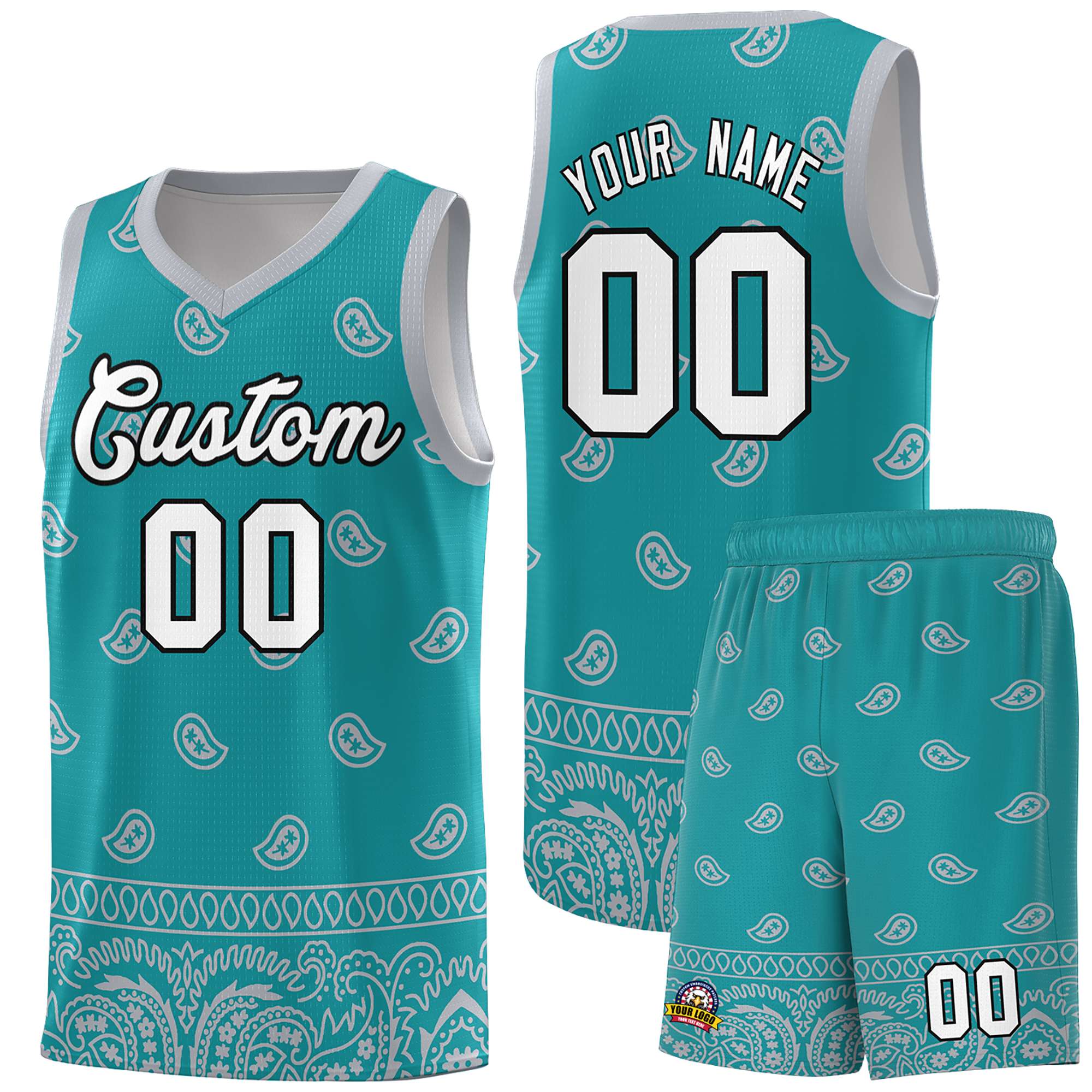 Custom Aqua Gray Personalized Cashew Pattern Sports Uniform Basketball Jersey