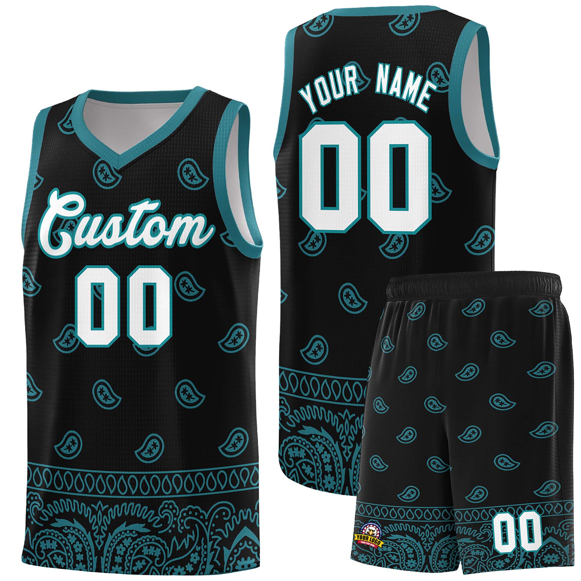 Custom Black Aqua Personalized Cashew Pattern Sports Uniform Basketball Jersey