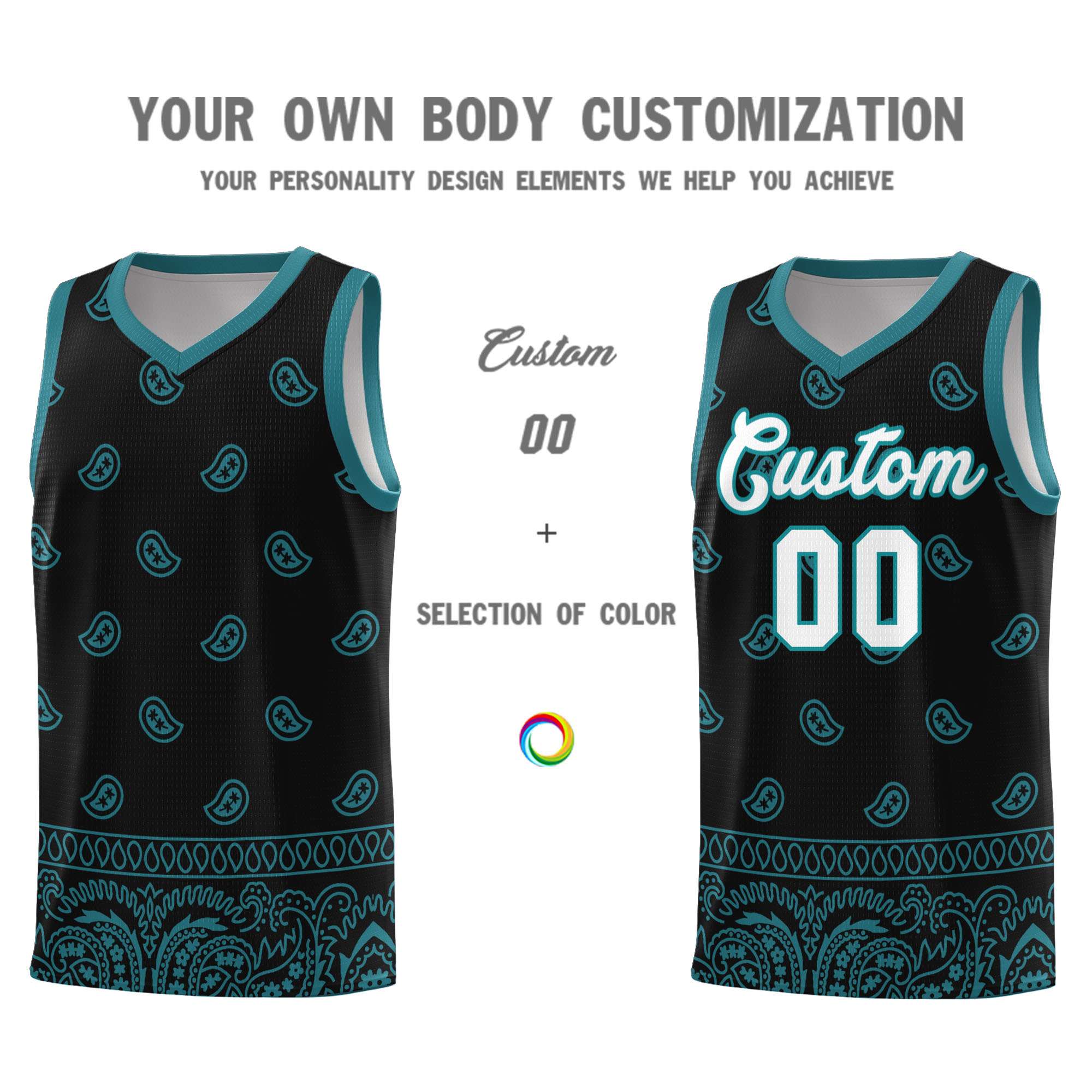 Custom Black Aqua Personalized Cashew Pattern Sports Uniform Basketball Jersey