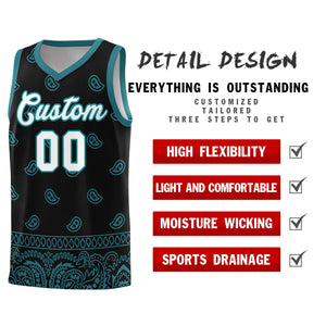 Custom Black Aqua Personalized Cashew Pattern Sports Uniform Basketball Jersey