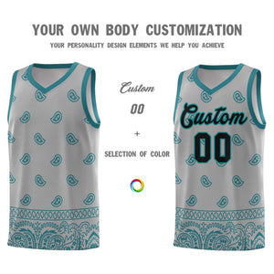 Custom Gray Aqua Personalized Cashew Pattern Sports Uniform Basketball Jersey