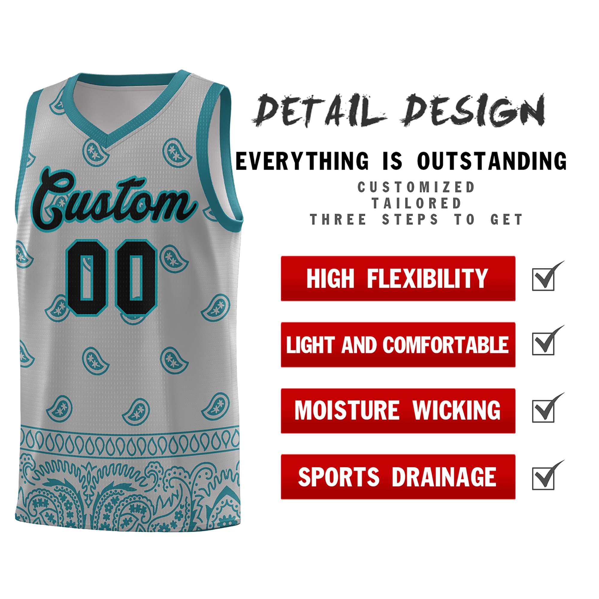 Custom Gray Aqua Personalized Cashew Pattern Sports Uniform Basketball Jersey