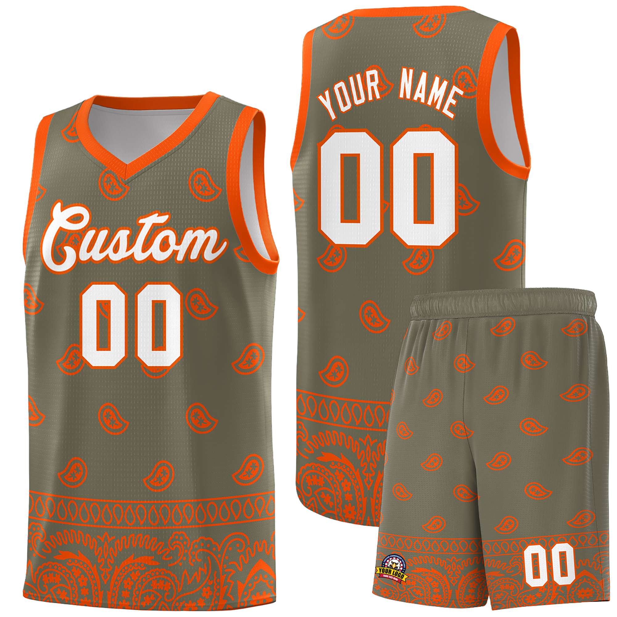 Custom Olive Orange Personalized Cashew Pattern Sports Uniform Basketball Jersey