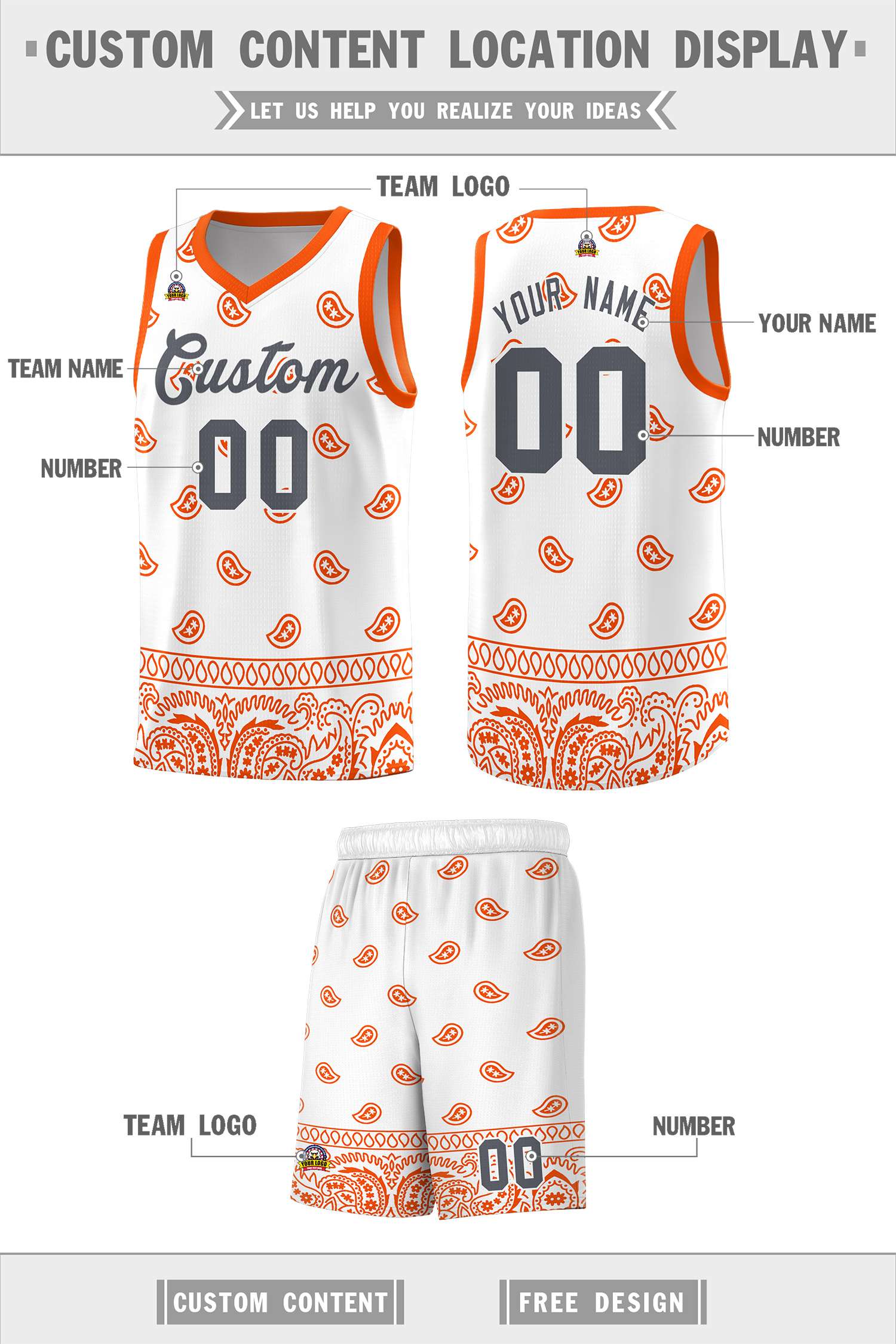 Custom White Orange Personalized Cashew Pattern Sports Uniform Basketball Jersey