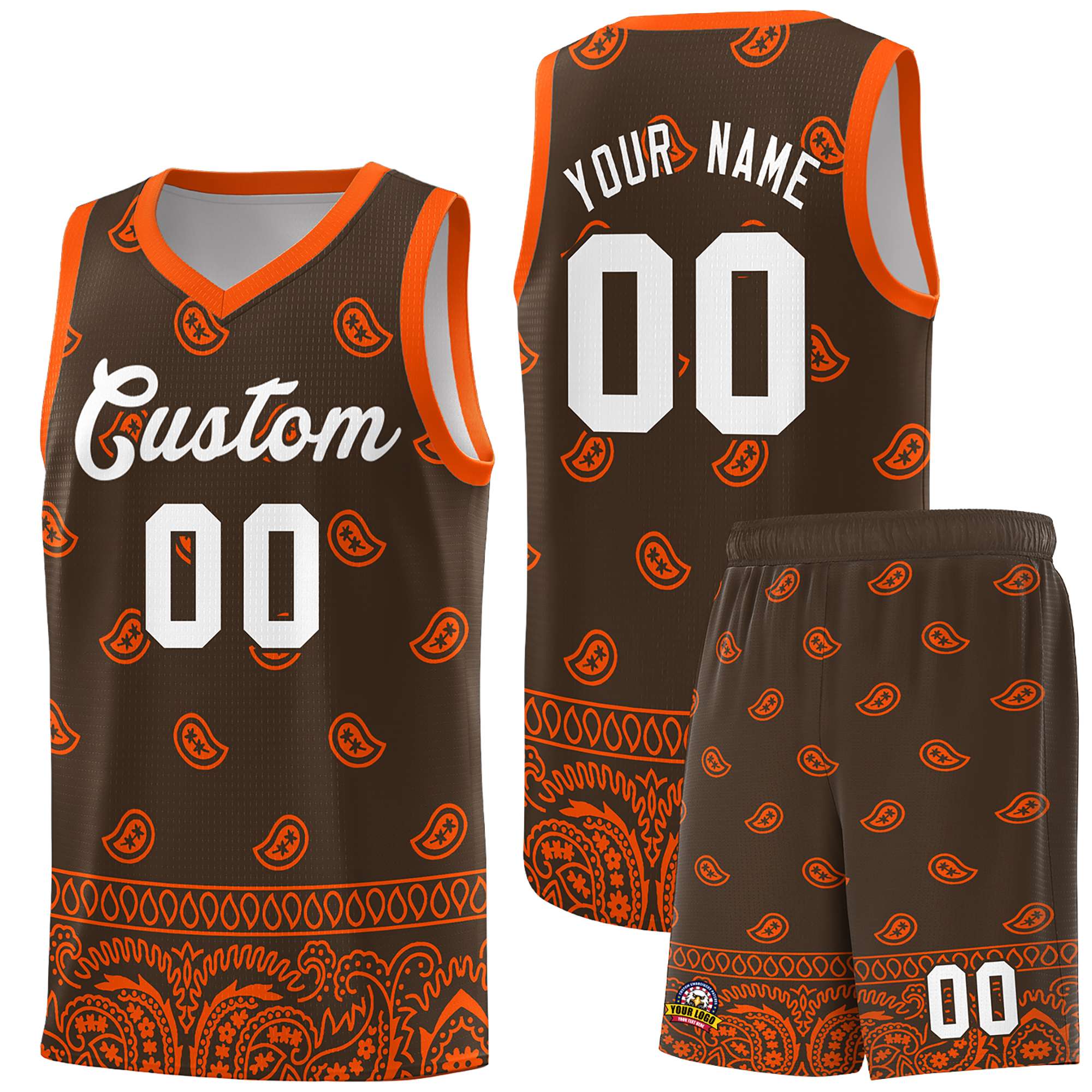 Custom Brown Orange Personalized Cashew Pattern Sports Uniform Basketball Jersey