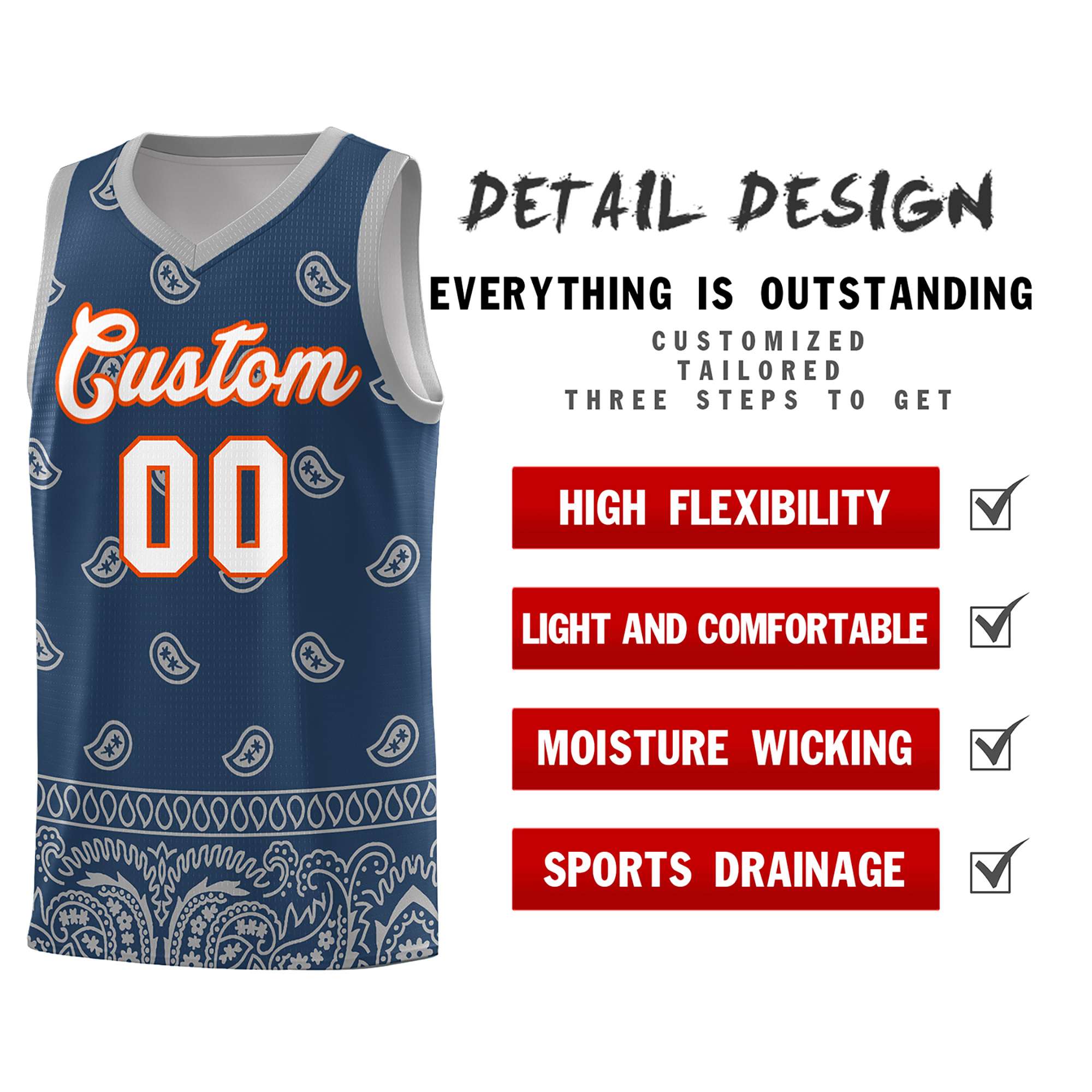 Custom Midnight Blue Gray Personalized Cashew Pattern Sports Uniform Basketball Jersey