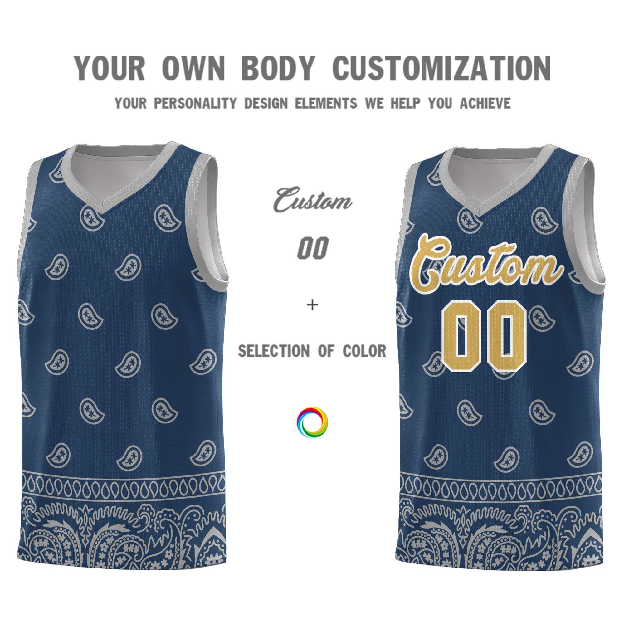 Custom Midnight Blue Gray Personalized Cashew Pattern Sports Uniform Basketball Jersey