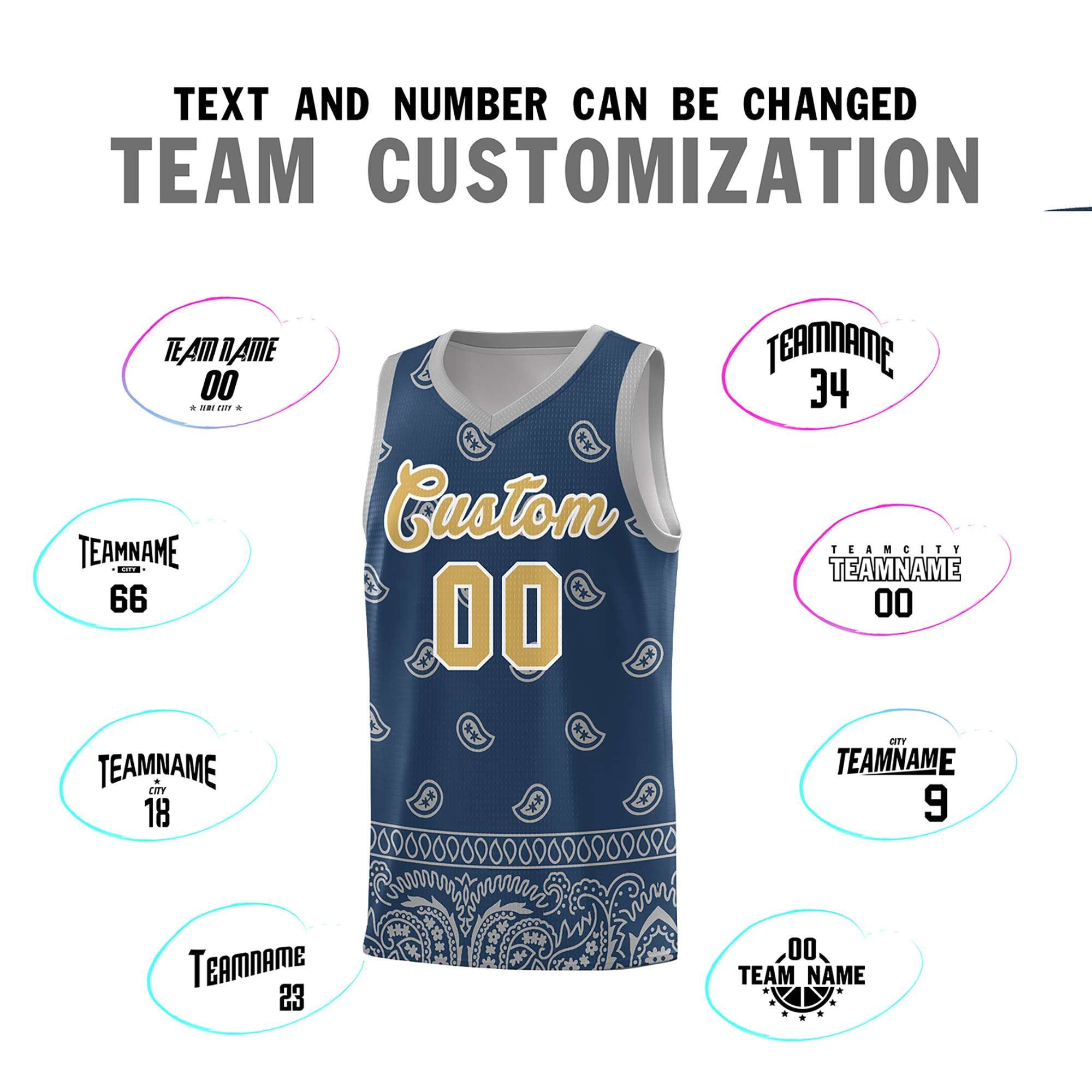 Custom Midnight Blue Gray Personalized Cashew Pattern Sports Uniform Basketball Jersey