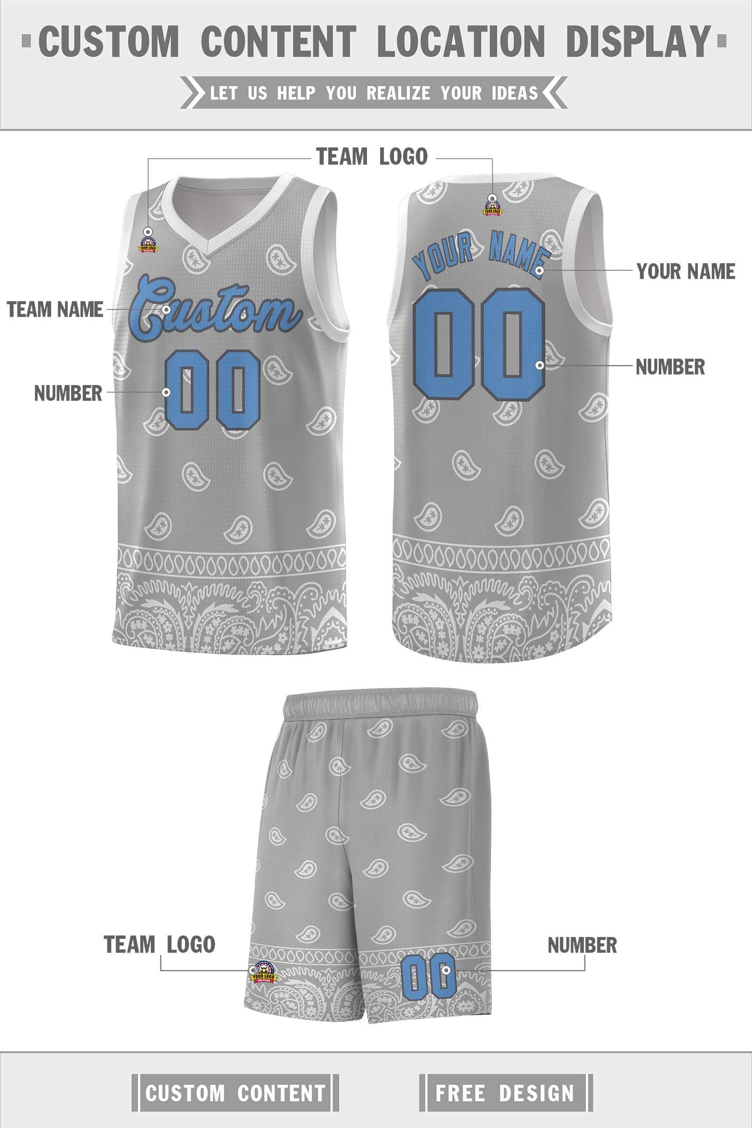 Custom Gray Light Gray Personalized Cashew Pattern Sports Uniform Basketball Jersey