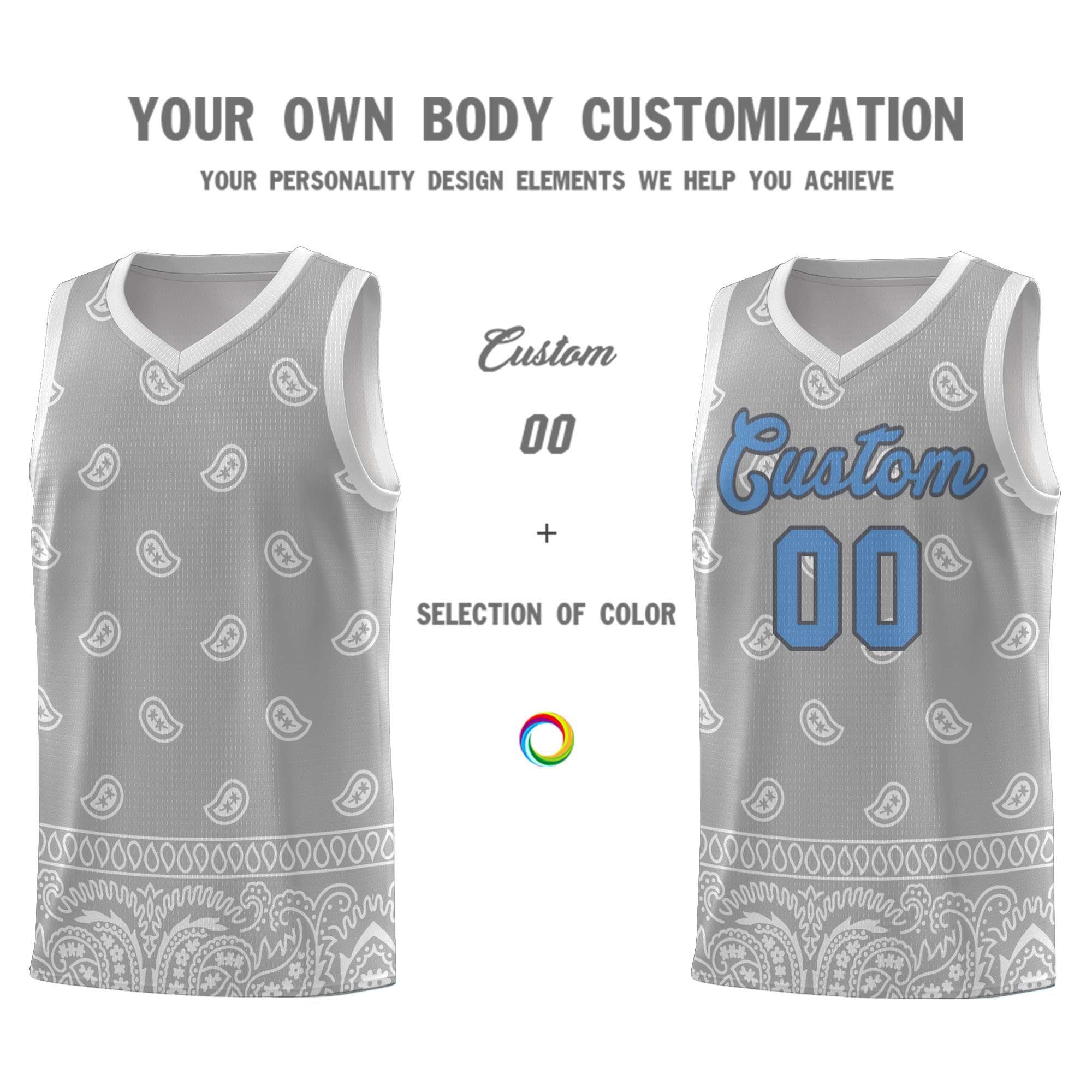 Custom Gray Light Gray Personalized Cashew Pattern Sports Uniform Basketball Jersey